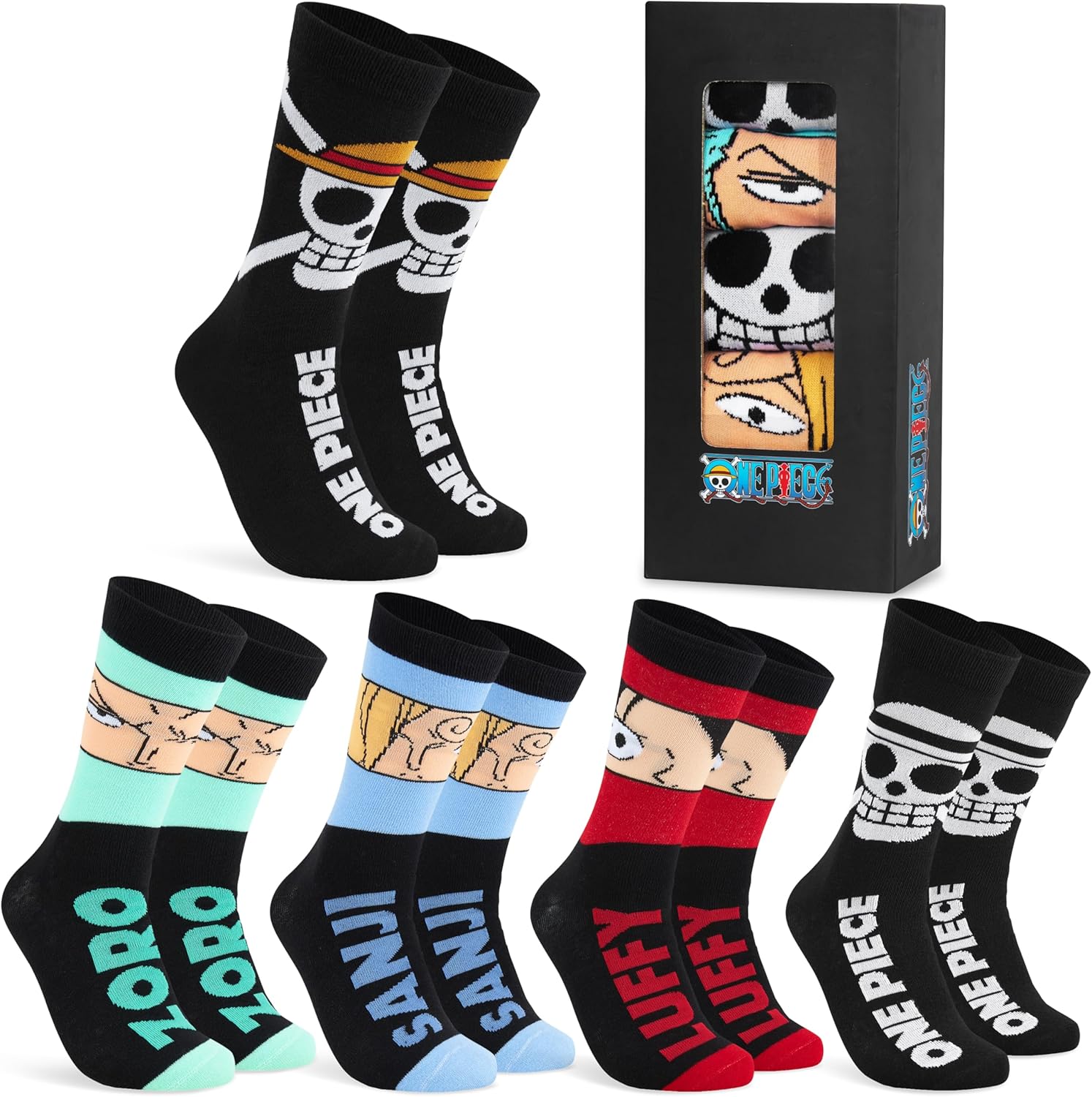 One Piece 5 Pack Crew Socks for Men, Teens, Funny Anime Breathable Socks for Work, Sports, Novelty Gifts for Men