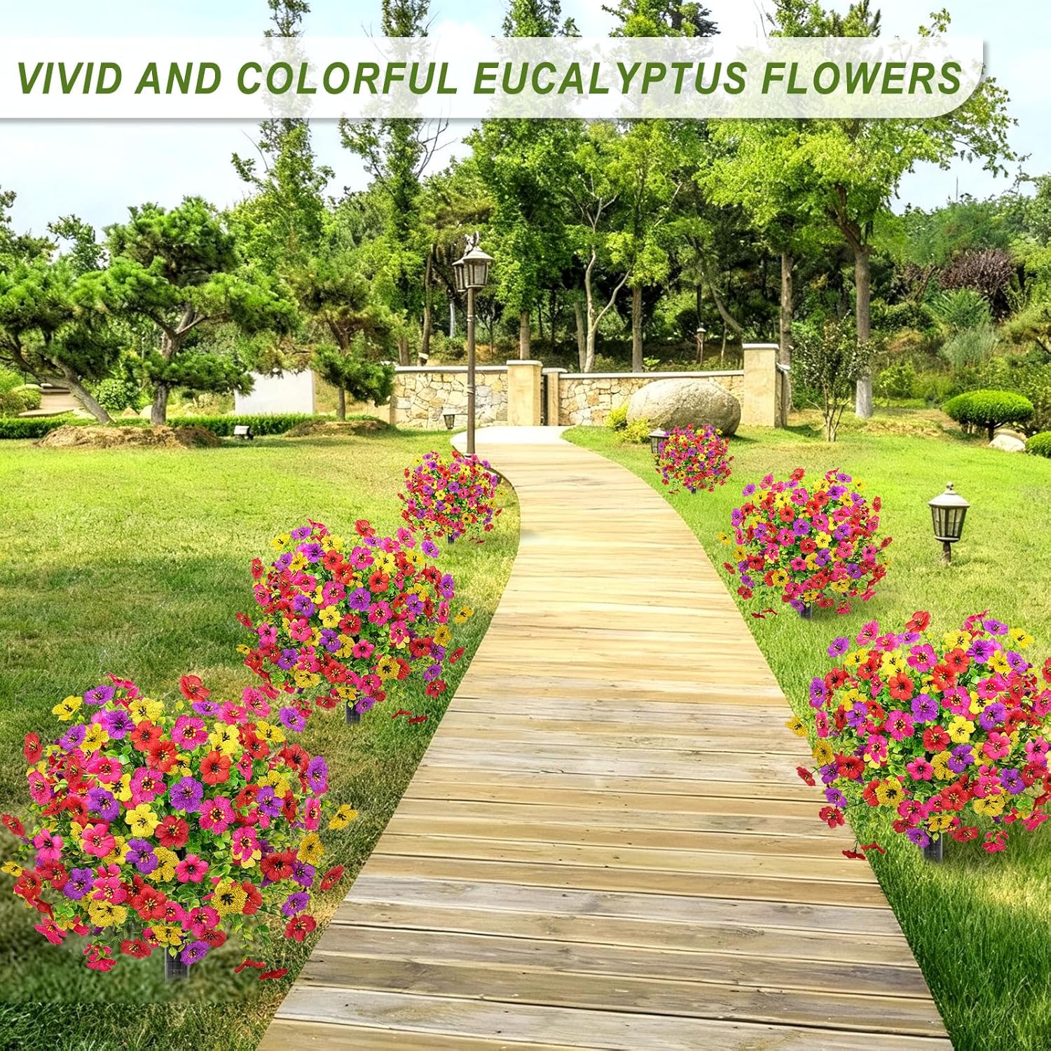 2 Pack Artificial Outdoor Plants Topiaries Fake Flowers for Outside, 21" UV Resistant Fake Bushes Ball Realistic Faux Flowers Greenery with Stakes for Front Porch, Garden, Yard (Multicolor)