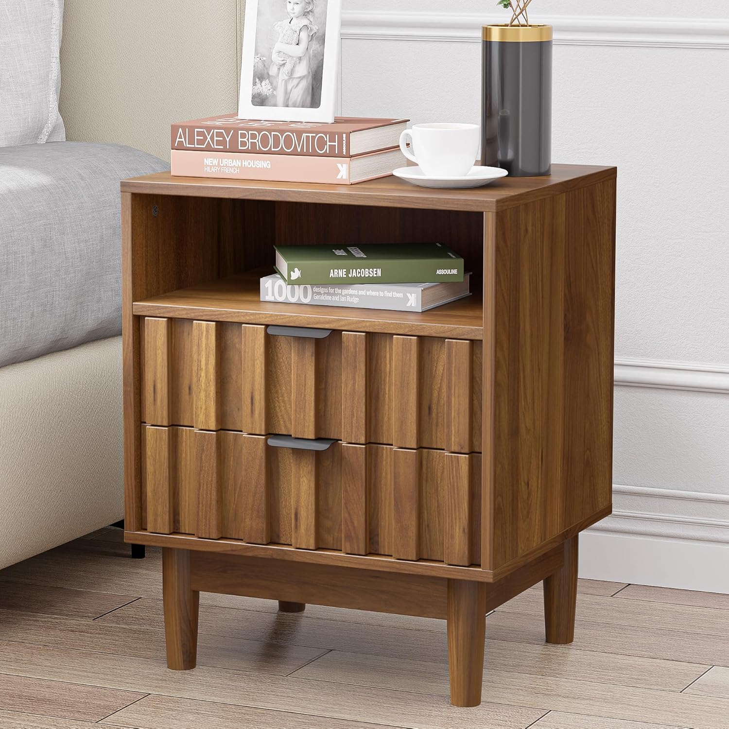 Fluted Nightstand with 2 Drawers, 19" Wide Night Stand with Solid Wood Legs, Open Storage Shelf, Mid Century Modern Wooden Bedside Table for Bedroom, Bed End Side Table, Walnut