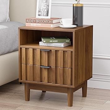 Fluted Nightstand with 2 Drawers, 19" Wide Night Stand with Solid Wood Legs, Open Storage Shelf, Mid Century Modern Wooden Bedside Table for Bedroom, Bed End Side Table, Walnut