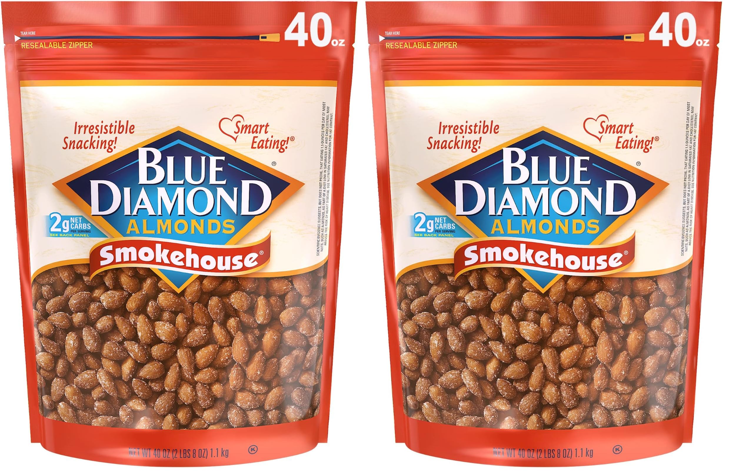 Blue Diamond Almonds Smokehouse Flavored Snack Nuts, 40 Oz Resealable Bag (Pack of 2)