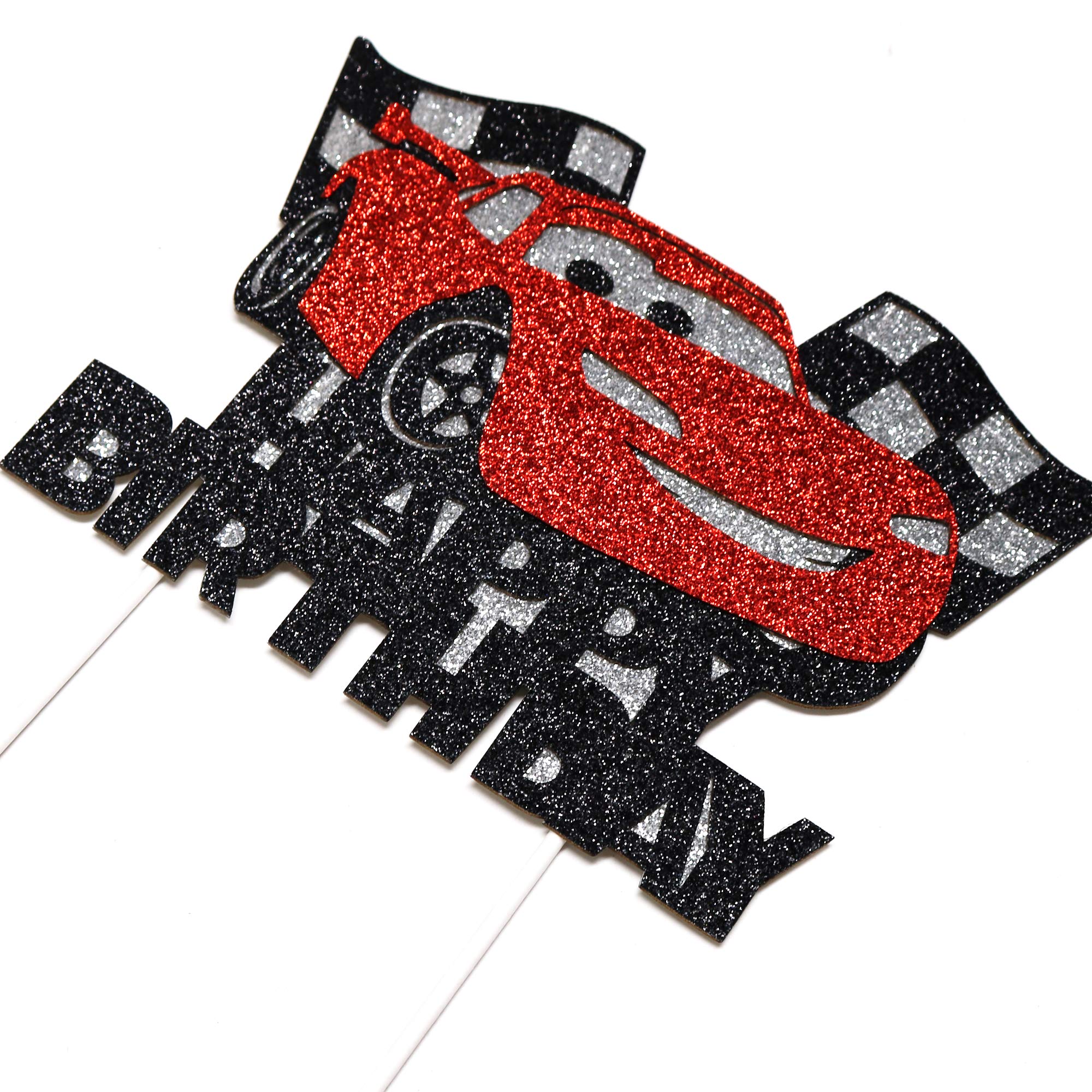 Artczlay Happy Birthday Cake Decoration Racing Flash Cake Topper Checkered Flag Racing Theme Party Supplies Baby Shower Car Theme Traffic Theme Party Cake Topper (Black and Red)