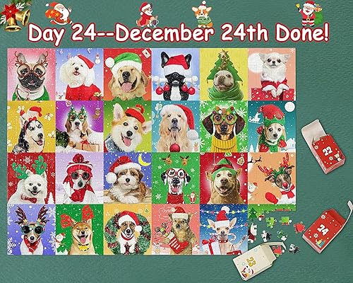 Miniatura 3 de Calendario de Adviento 2025 rompecabezas de perros de Navidad, 24 cajas de 1008 piezas, rompecabezas de cuenta regresiva para Navidad, regalos de