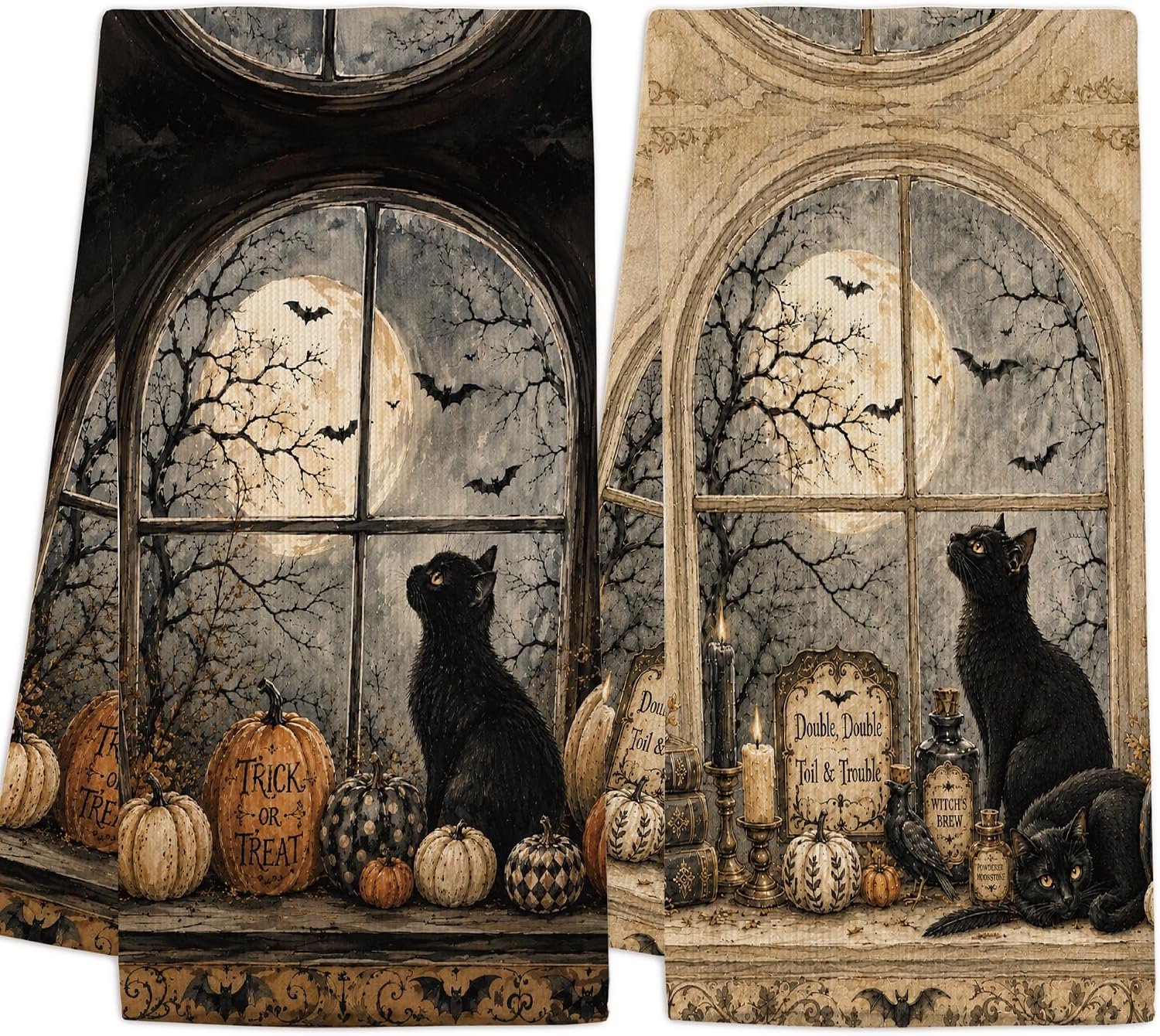 Halloween Kitchen Towels Set of 2, Black Cat Pumpkin Witch Hat Dish Towels
