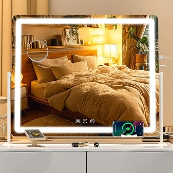 Vanity Mirror with Lights, 25.6 x 22 Lighted Makeup Mirror, Touch Screen with 3-Color Lighting, Dimmable for Vanity Desk Tabletop Round White