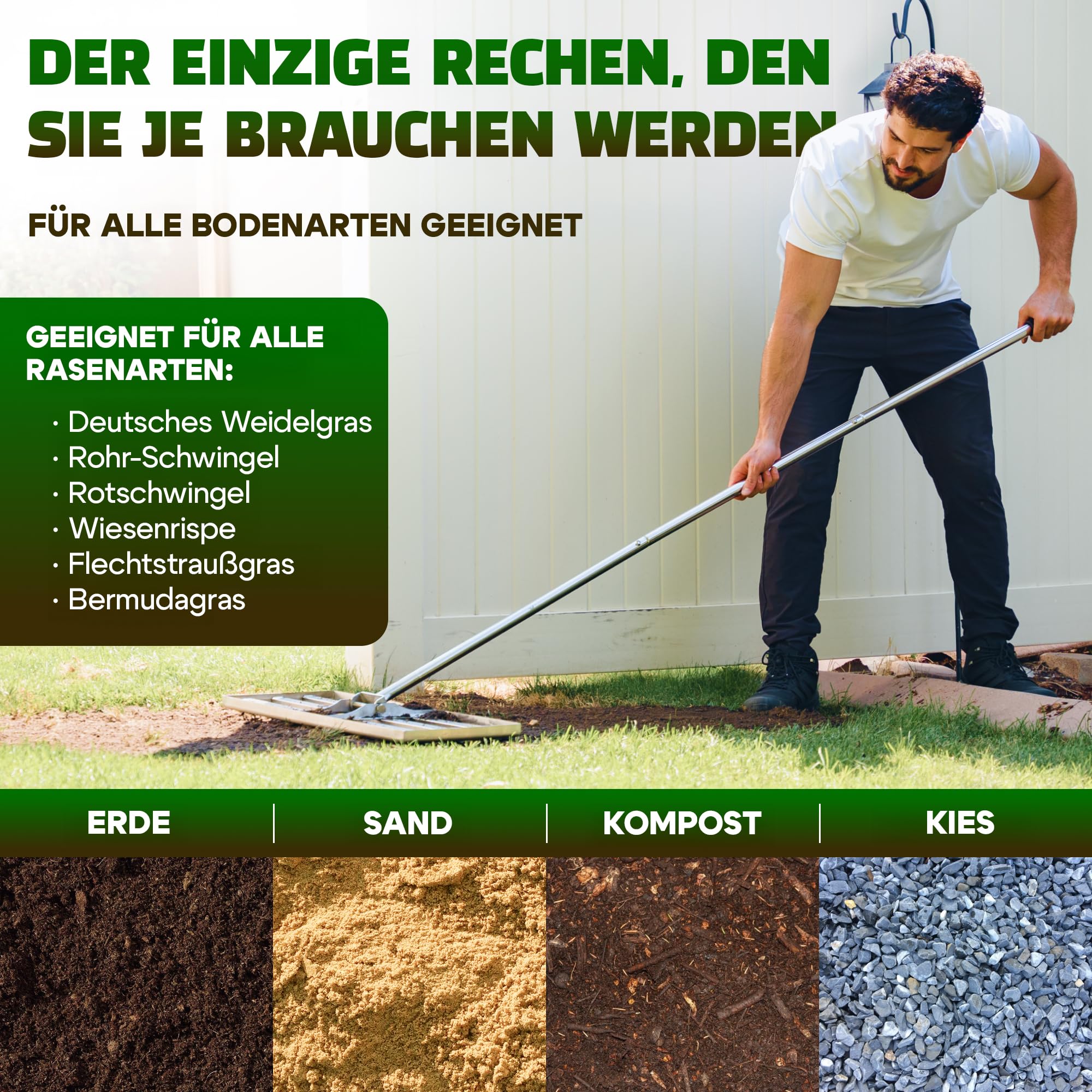 2in1 RasenRakel Edelstahl 80x30cm + vertikutierer Hand Rasen rake