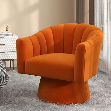 Swabel Chair, Velvet, 360 Degree Rotation, Barrel Chair, Living Room, Study, Bedroom, Dressing Counter, Office, Relaxing, Reading Chair, Overstuffed, Rounded Arm Chair Orange