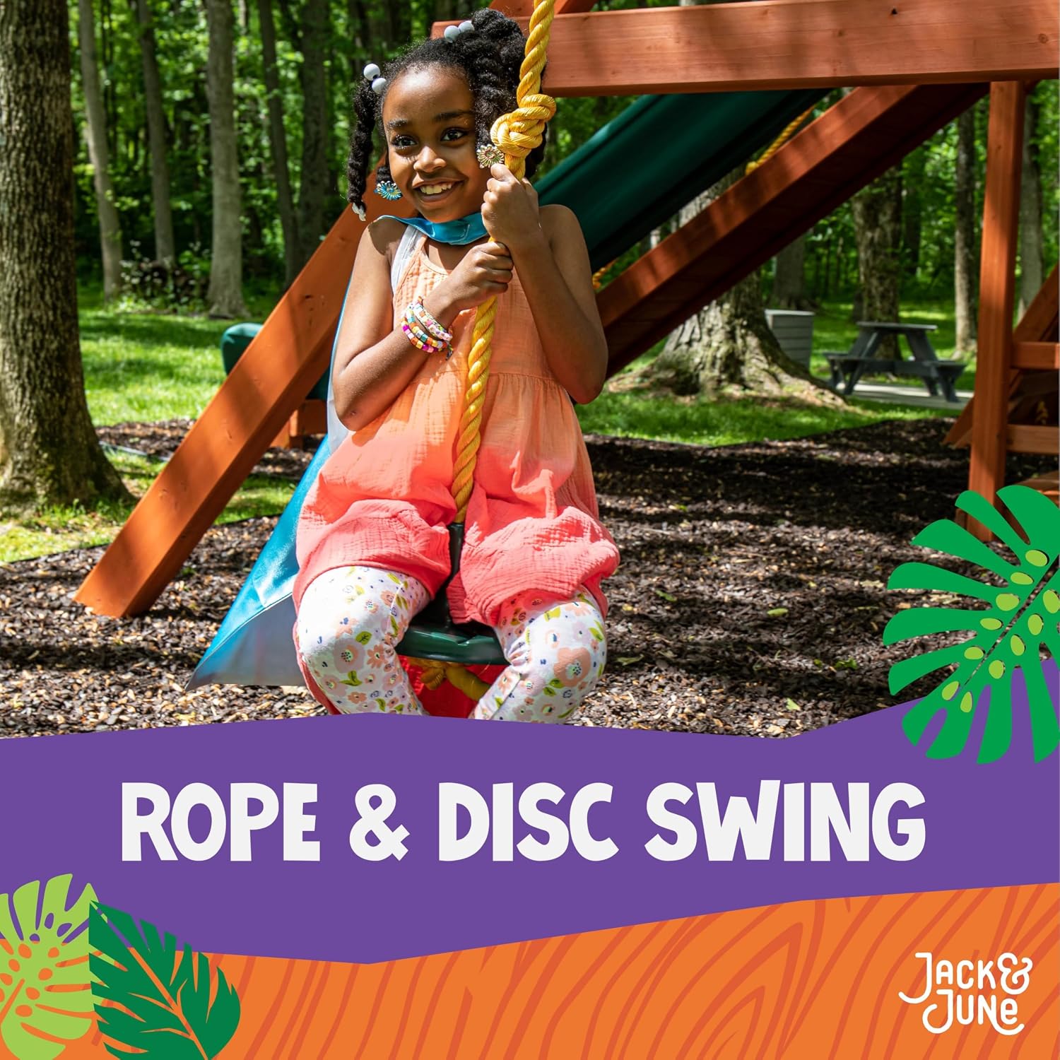 Jack and June Green Playset Rope and Disc Swing with Leg Safety Protector and Fully Adjustable Rope