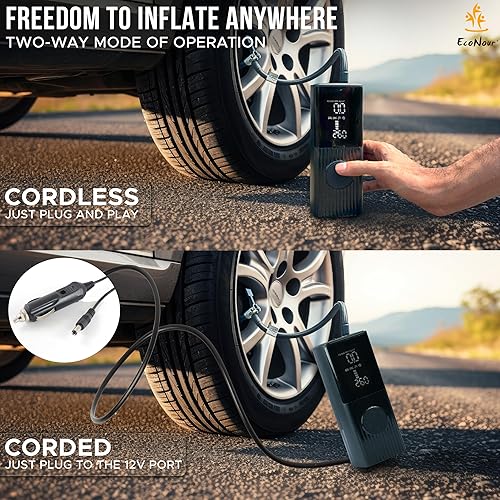 Miniatura 4 de EcoNour Inflador de neumáticos, compresor de aire portátil de 150 PSI, mini bomba de aire para neumáticos de automóvil, bomba eléctrica inalámbrica