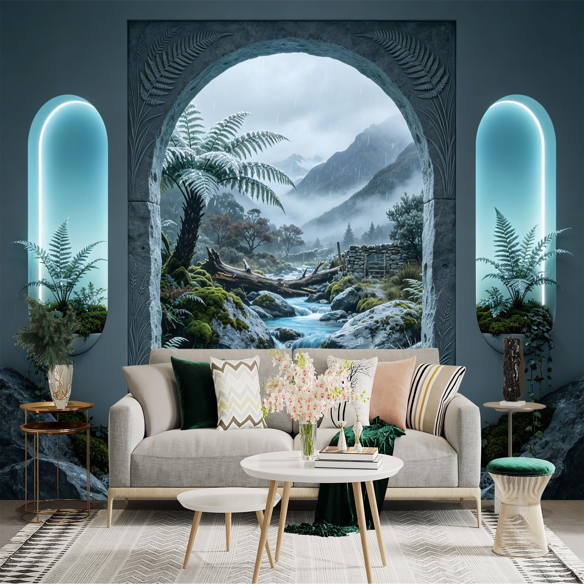 Custom Size Wall Sticker Mural， Misty Mountain Stream with Ferns and Stone Archway， for wall Decoration， peelandstick wall Decals.