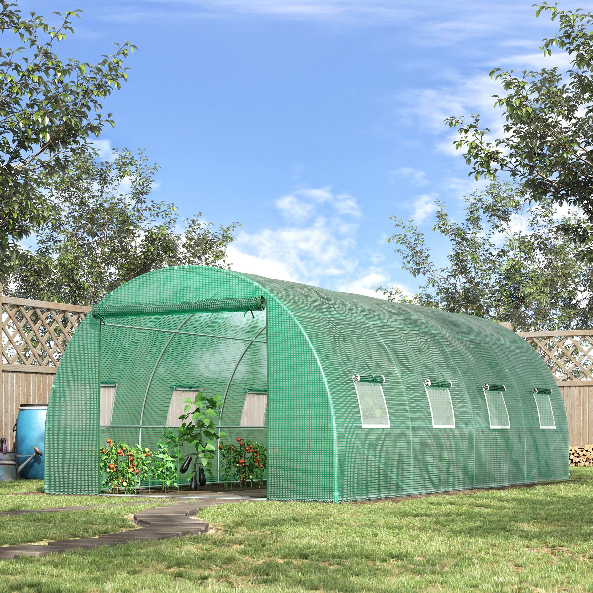 Invernadero Outsunny Aprox. 6 x 3 x 2 m Invernadero de lámina con 8 Ventanas, Puerta Enrollable, Paredes Laterales enrollables, túnel de lámina Resistente a los Rayos UV, Invernadero para Tomates con