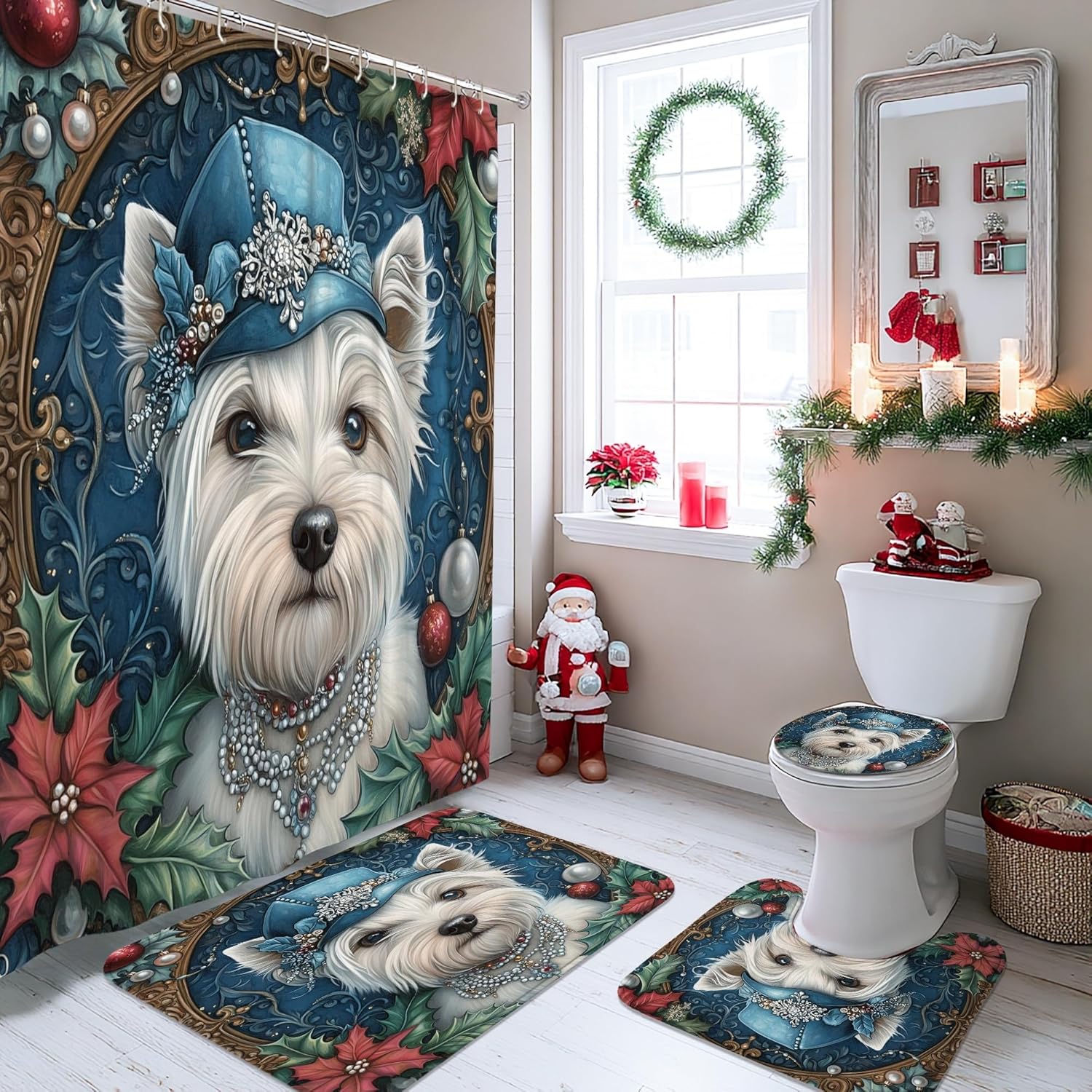 4PCS Vintage Christmas Westie Dog Bathroom Sets, Bath Accessory with Non-Slip Rug, U Shape Toilet Lid Cover Mat, Retro Xmas Puppy Bathroom Decor-72''x72''
