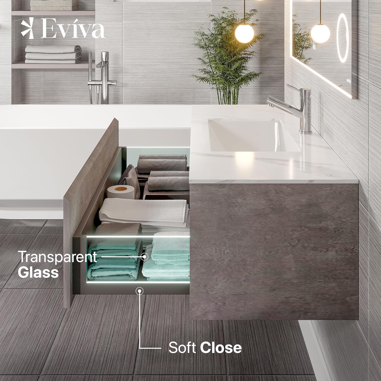 Eviva Aurora 40 in. Concrete Gray Wall Mount Single Sink Bath Vanity with Carrara Quartz Top