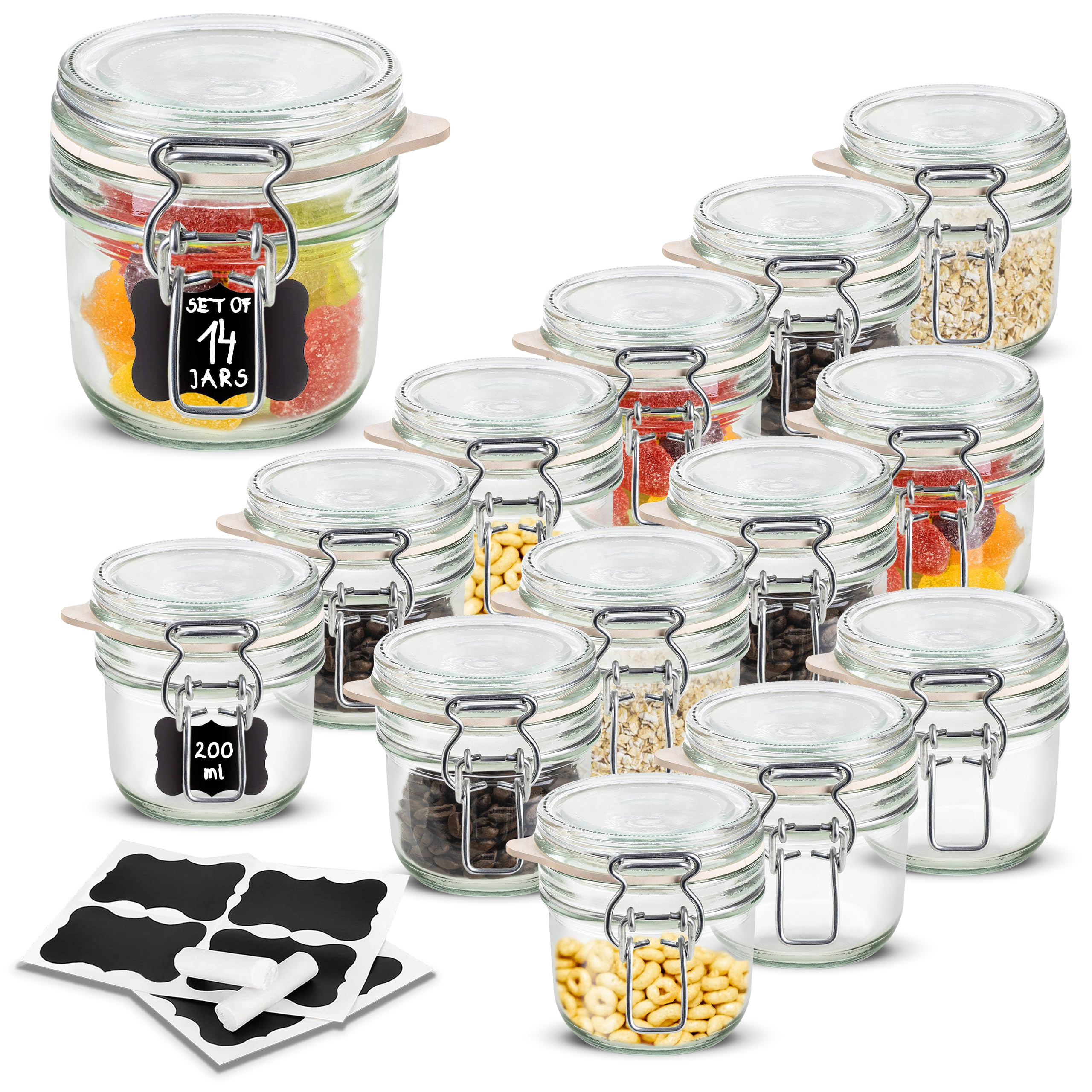 Creative Home 14 x 200ml Glass Jars with Clip Lids Storage Set | Airtight Food Storage containers | 0.2L Kitchen Container Preserving Jar Sweets Flour Pasta | 16 Reusable Stickers & 1 Anti-Dust Chalk
