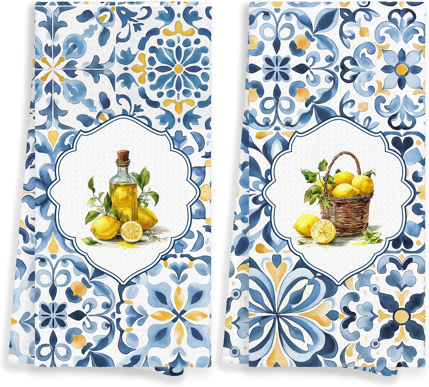 Italian Amalfi Coast Lemon Kitchen Towels, Italy Lemon Hand Towels for Bathroom, Blue and White Mediterranean Decorative Hand Tea Dish Towels for Kitchen Decor 16x24in Set of 2