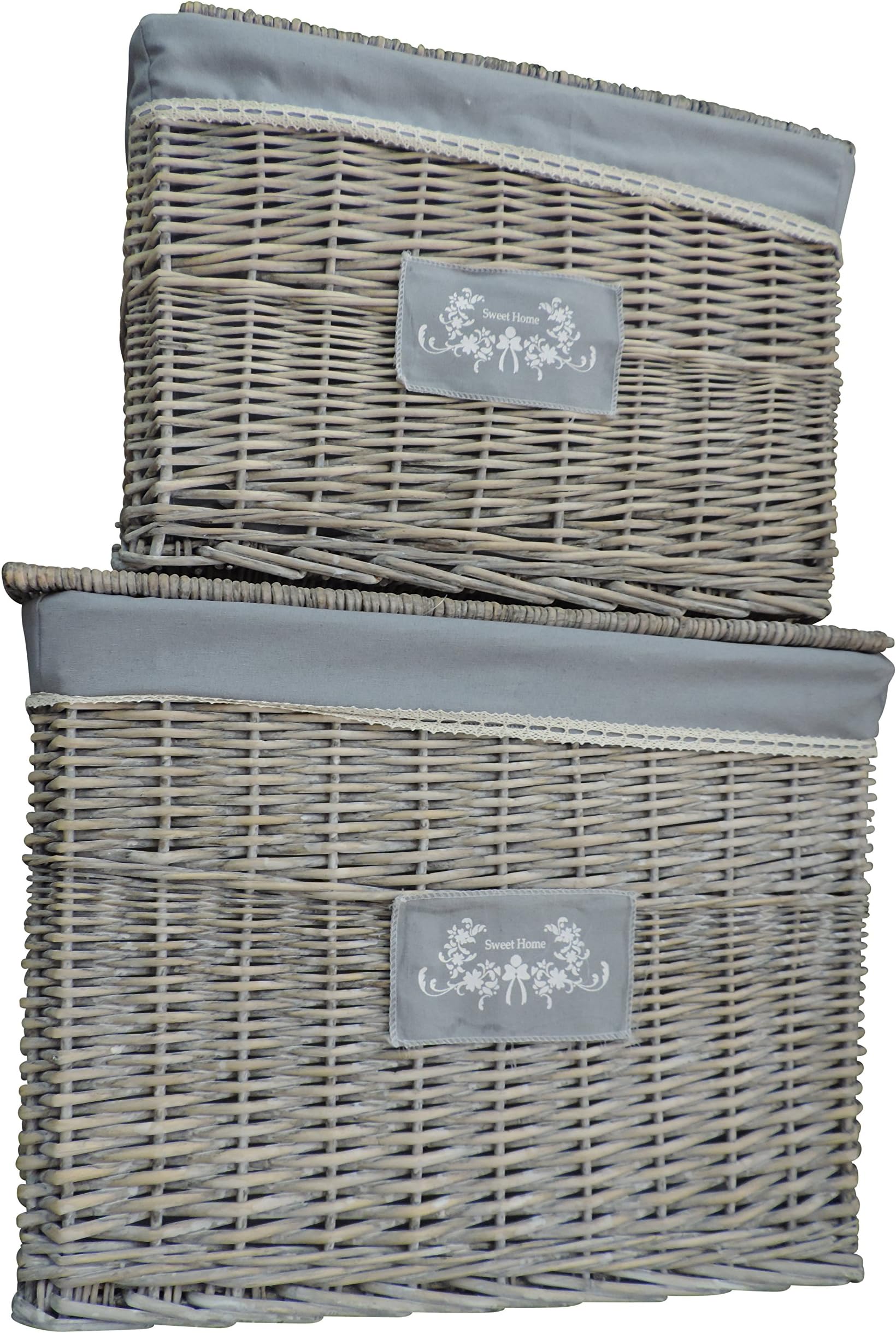 Casa dolce casa Home Sweet Home Shabby Chic Trunk Strong Wicker Style Set, Grey Rectangular Laundry Basket Wicker with Blue Lining And Lid, 66 x 45 x H49.