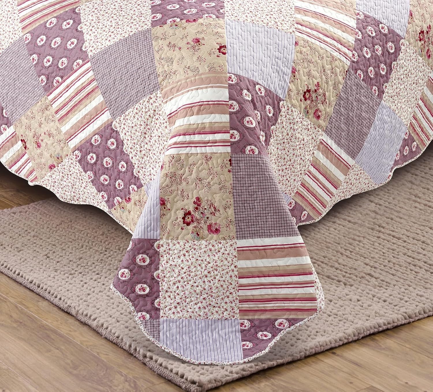 Brilliant Sunshine Pink Rosette and Stripes Patchwork, 2-Piece Quilt Set with 1 Sham, Reversible Bedspread, Soft Lightweight Coverlet, All-Season, Twin, Rose - Image 4