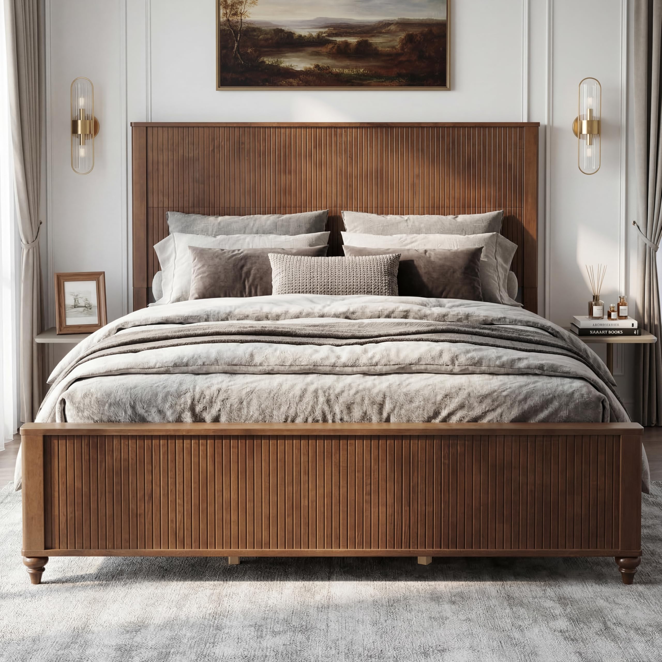 Photo 1 of ***UPDATED 6/19***Merax King Size Platform Bed Frame with Fluted Headboard, Mid-Century Modern Bed Frame with Solid Wood Slats Support, Walnut Bedframe King Size, No Box Spring Needed, Noise Free, Easy Assembly