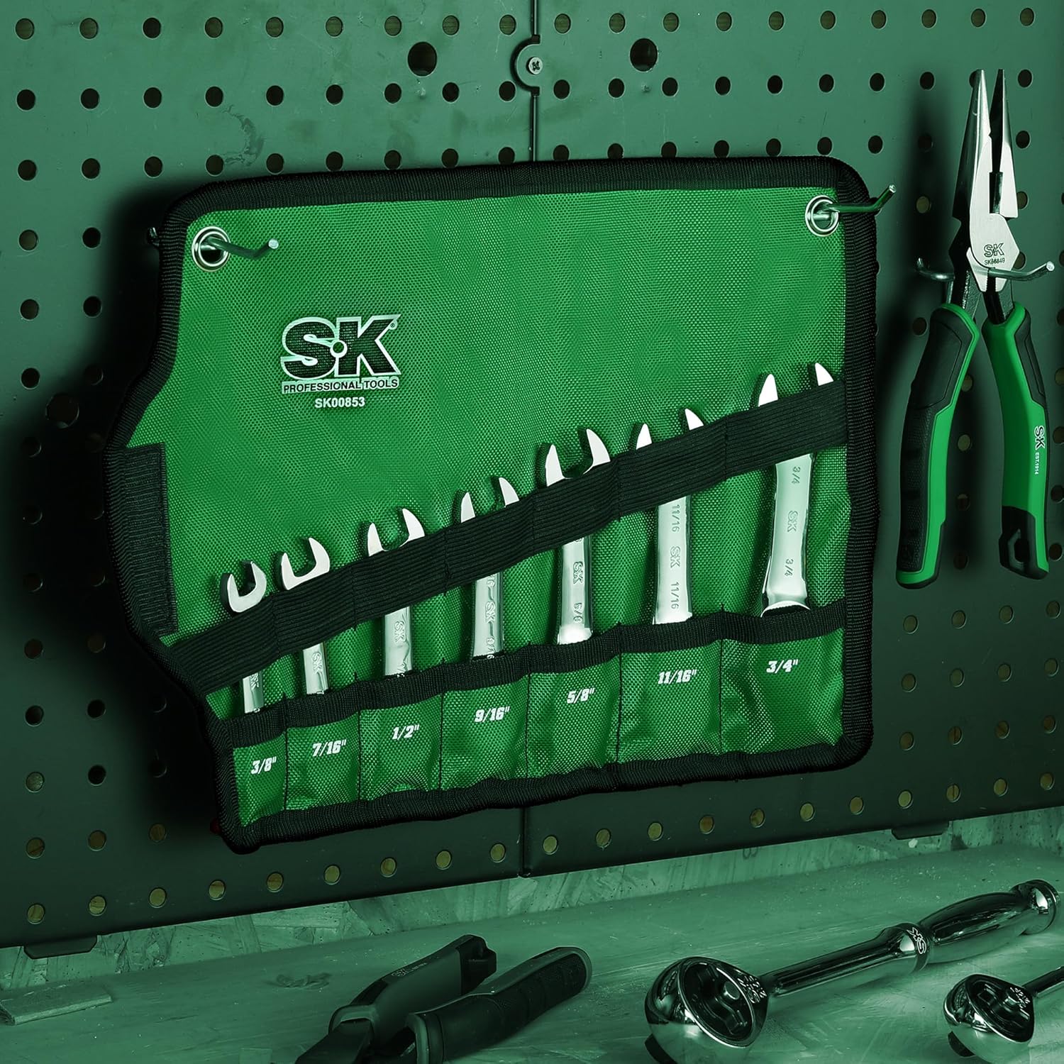 SK Stubby Ratcheting Wrench Set, Combination Wrench Set, 7-Piece, SAE 3/8" to 3/4", 72-Tooth, CR-V Steel, with Rolling Pouch