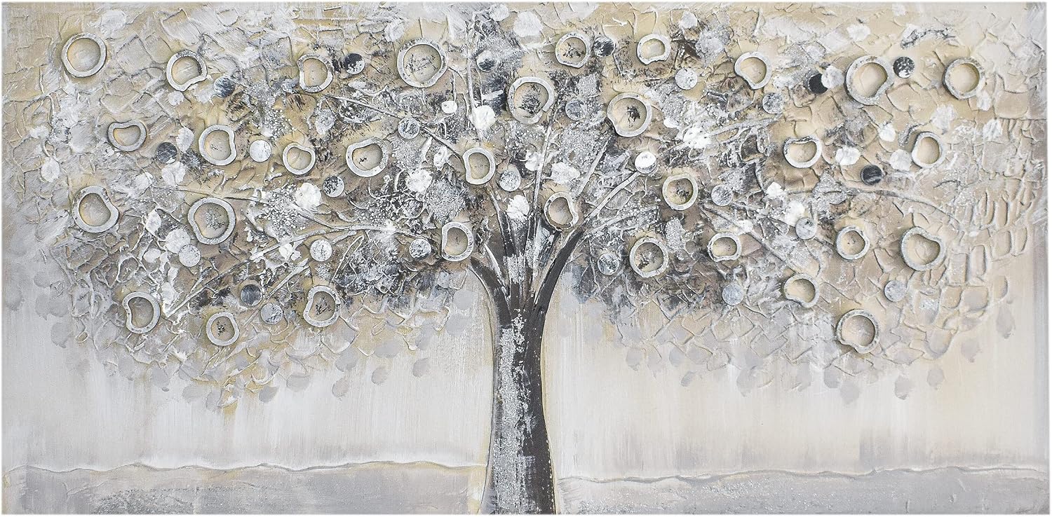 Home Selections Hand Painted Silver Tree 3D Wall Art – Large Modern Picture Ready to Hang – Silver Canvas 100x50cm
