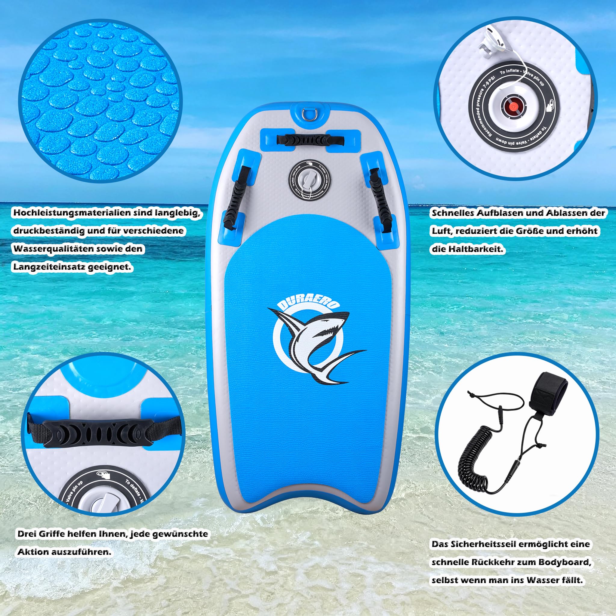 Bodyboard hinchable 105 x 53 x 10 cm, 3 asas para un mejor control, 2 aletas laterales para mayor estabilidad, superficie antideslizante EVA, incluye correa de seguridad, bomba y bolsa de transporte