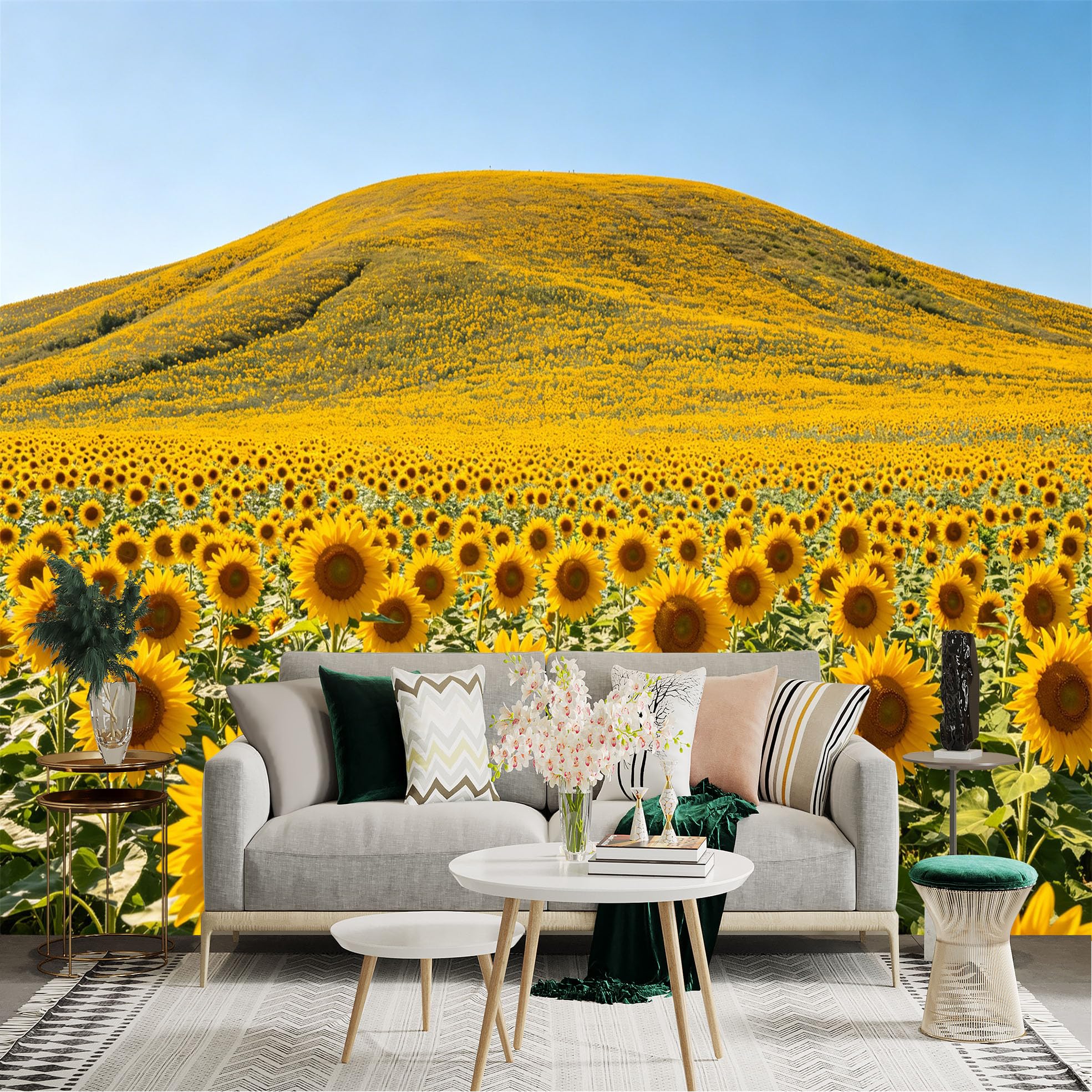 Lnzczhyre Dbh260521863 Custom Size Wall Sticker Mural， Vast Sunflower Field， Golden Hillside， Bright Sunny Day， Rural Scenery， For Wall Decoration， Peelandstick Wall Decals.