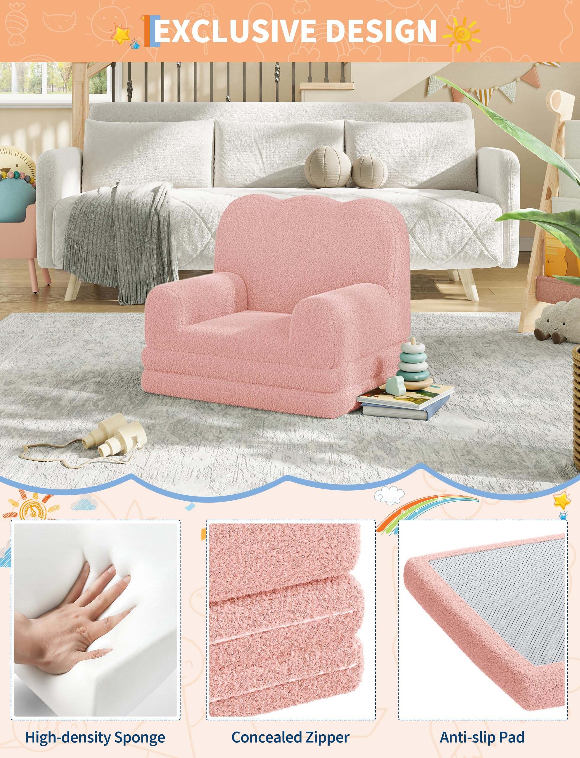 Garvee Kindersofa, 2-in-1 Konvertierbare Teddy Fleece Stoff Kleinkindsofa, weicher ausklappbarer Couch für Kinder, bequemes Kindersofa für das Spielzimmer, Kinderzimmer, Geburtstagsgeschenk