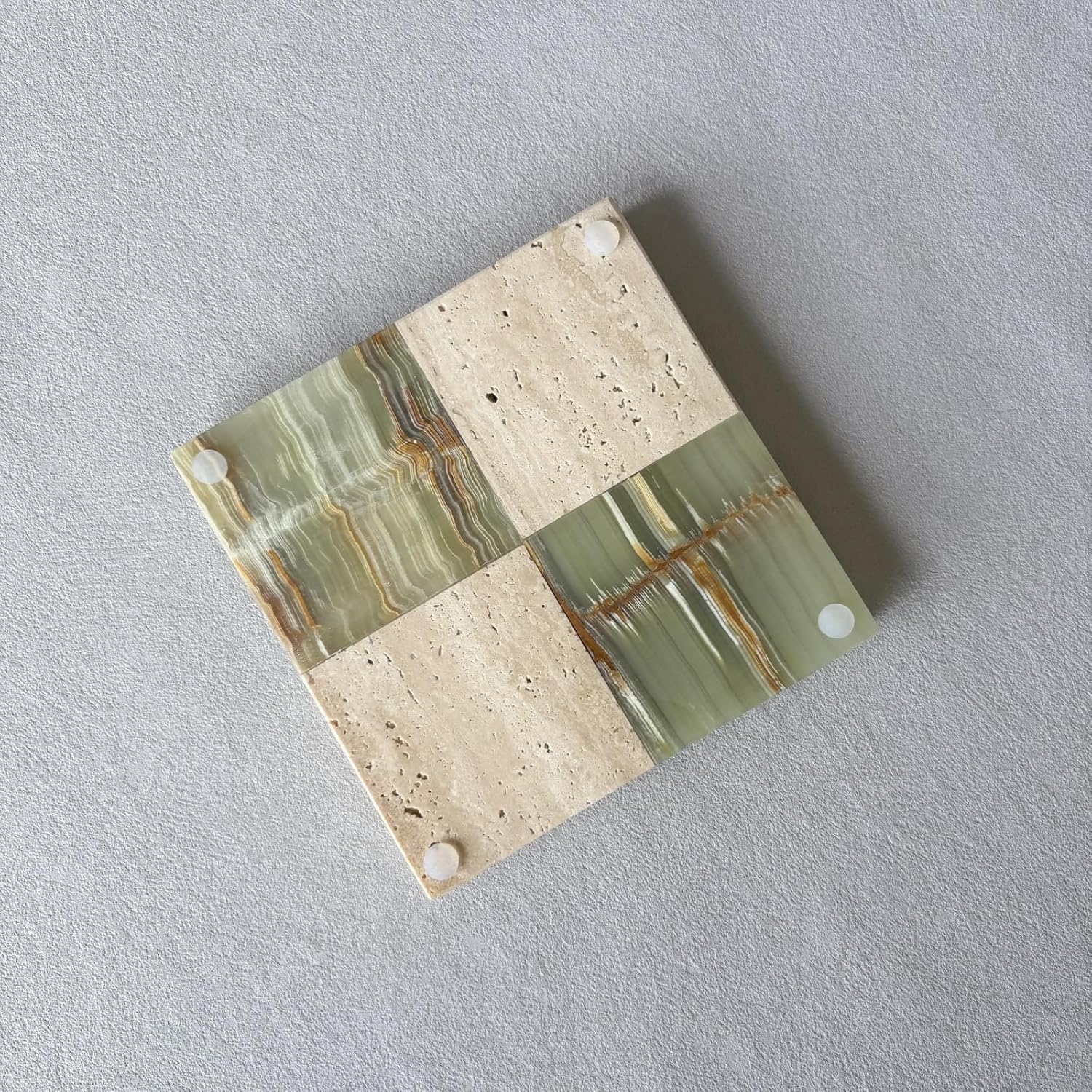 Square 5.9''x5.9''x0.8'' Vintage Small Plate Dish Natural Marble Jade Stone Storage Vanity Cosmetic Jewelry Organizer Trinket Tray (Travertine x Green Onyx)