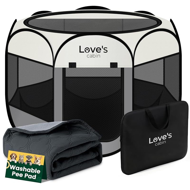 Cercado portátil para cães e pequenos animais Love's cabin com tapete higiênico lavável, Cinza, Pequeno