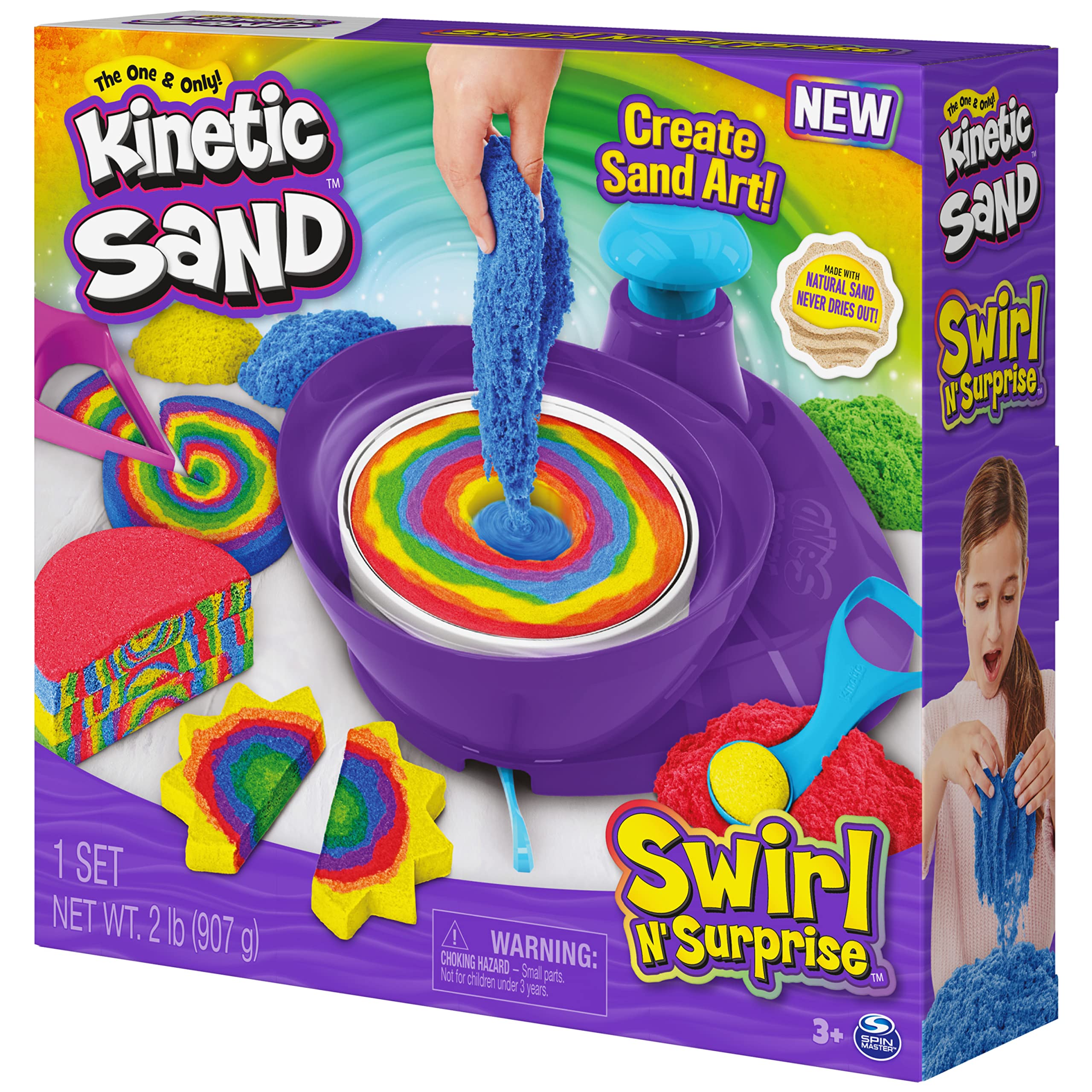 SPINMASTER Kinetic Sand, Coffret Swirl N' Surprise Avec 907 g de Sable modelable Rouge, Bleu, Vert et Jaune et 4 Outils, Jouets sensoriels pour Les Enfants à Partir de 3 ANS