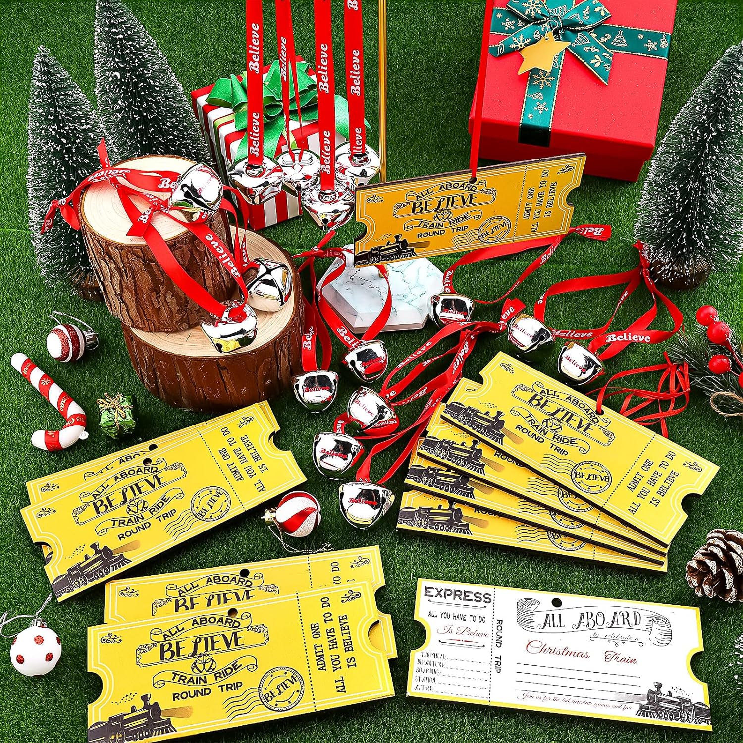 24 Pcs Christmas Polar Express Golden Tickets and Believe Bells Ornaments Bulk, North Pole Train Tickets Polar Express Bell Christmas Decorations Believe Hanging Holiday Party Gifts Favors - Image 4