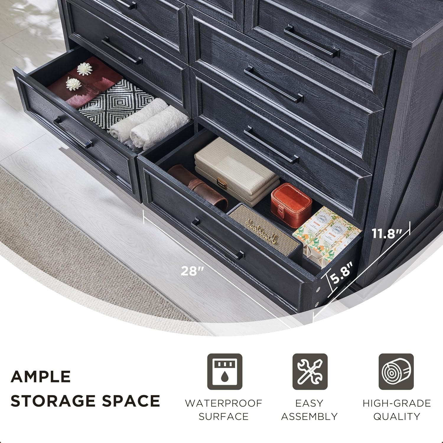 Front view of dresser drawers showing ample storage space