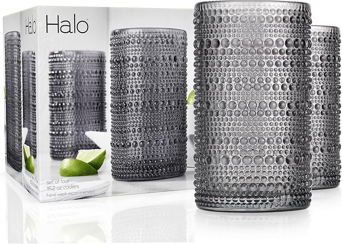 Glaver's Hobnail Drinking Glasses, Set of 4 Grey Vintage Glassware Set, Beaded Drinking Glasses, 15 oz Cocktail Glass Set, Bubble Glasses, For Everyday Usage Water and Cocktails