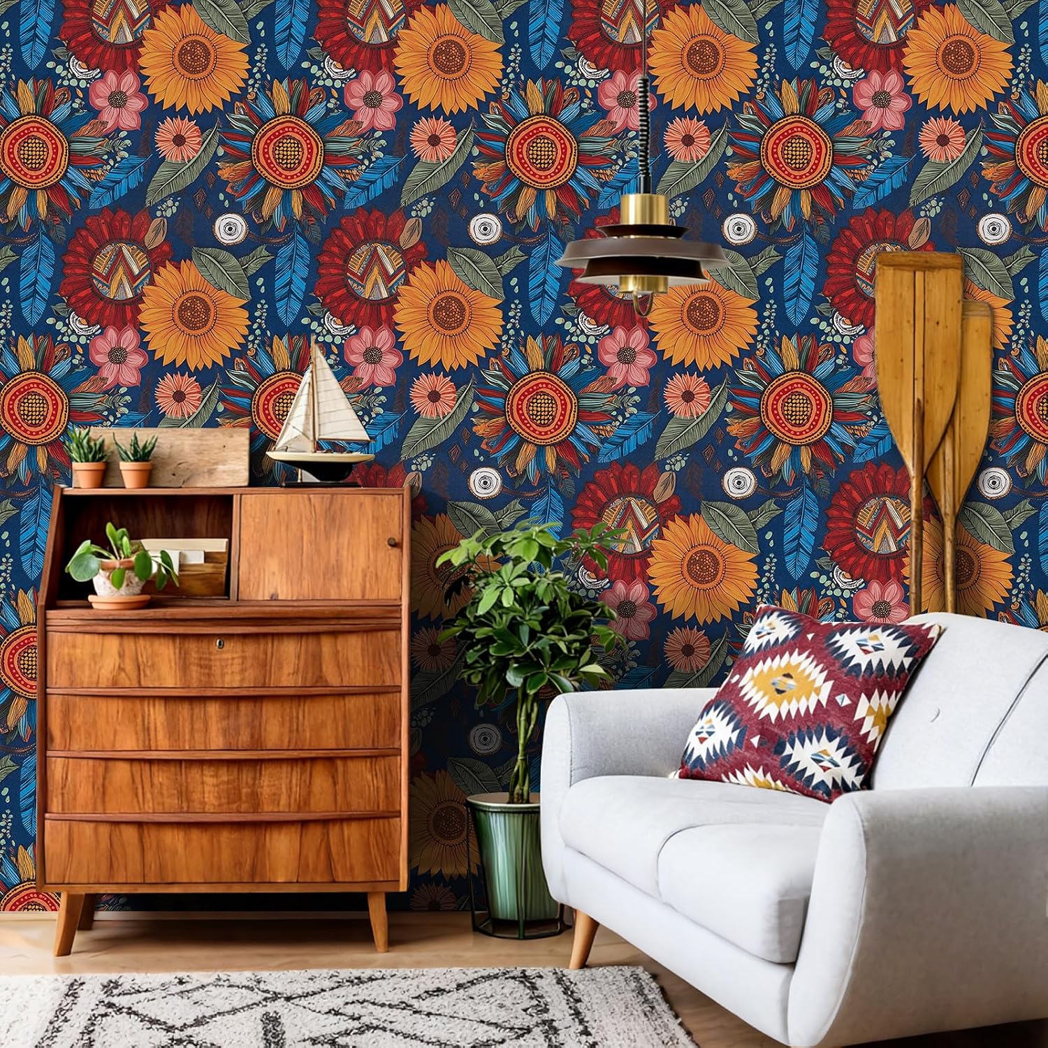 Boho Floral Peel and Stick Wallpaper - Vintage Navy Blue Flowers Wall Paper for Decor Bathroom, Bedroom - Retro Botanical Removable Self Adhesive Vinyl Contact Paper,17.3" x 197"