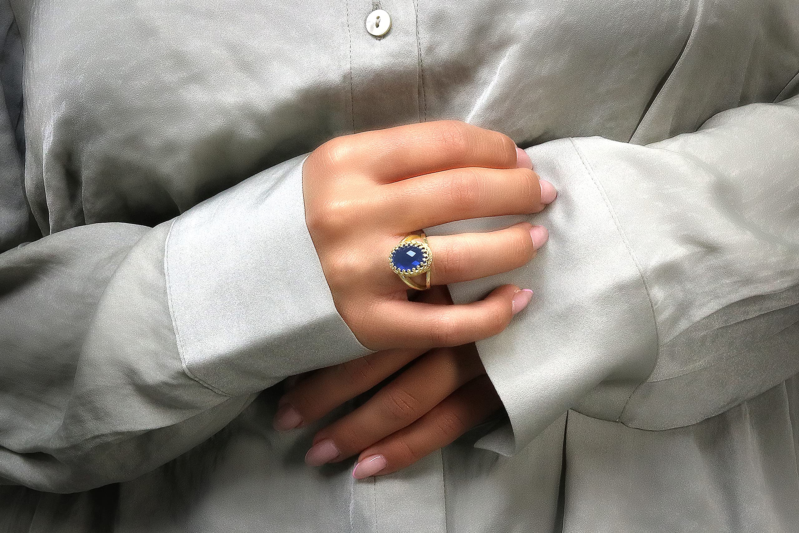 Anemone Schmuck Facettierte Saphir Ring - Vintage-Inspirierte Gelbgold-Ring - Individuelle Mode und Geschenke Oval Ringe für Frauen - Engagement, Versprechen, Geburtsstein Ringe für Sie
