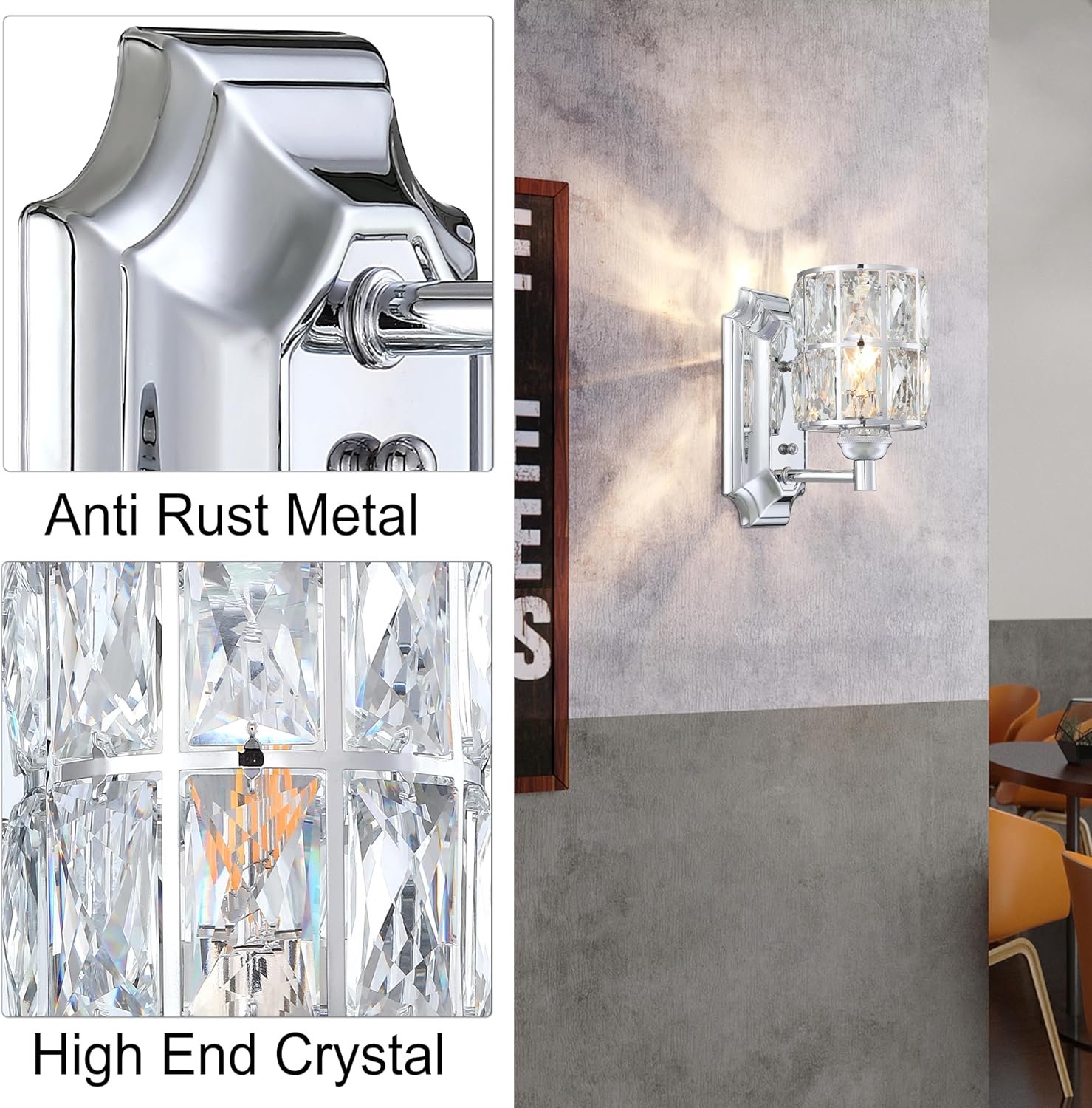 2 Pack 1 Light Crystal Wall Sconce Lighting with Chrome Finish,Modern and Concise Style Wall Light Fixture Polyhedral Crystal Shade for Bathroom, Bedroom Living Room Kitchen Island