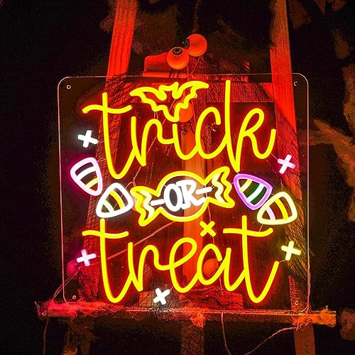 Vista 6 de Trick or Treat LED Neon Sign Lights,Halloween Decoration Trick or Treat Neon Light Sign for Halloween Party Bar Bedroom Kids Room Home Wall Décor