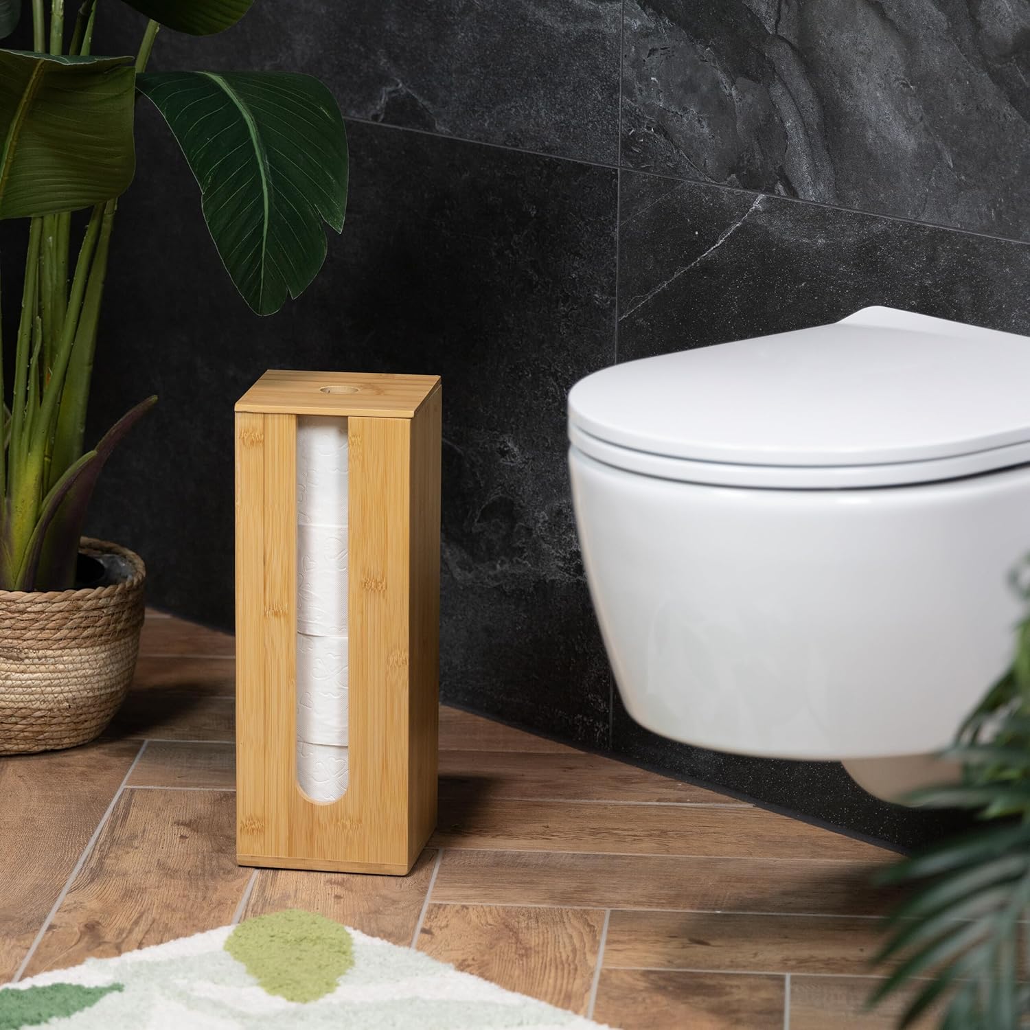 Relaxdays Toilet Paper Storage, 4 Rolls, Bamboo, H x W x D: 40.5 x 15 x 15 cm, Spare Roll Holder Standing, Natural