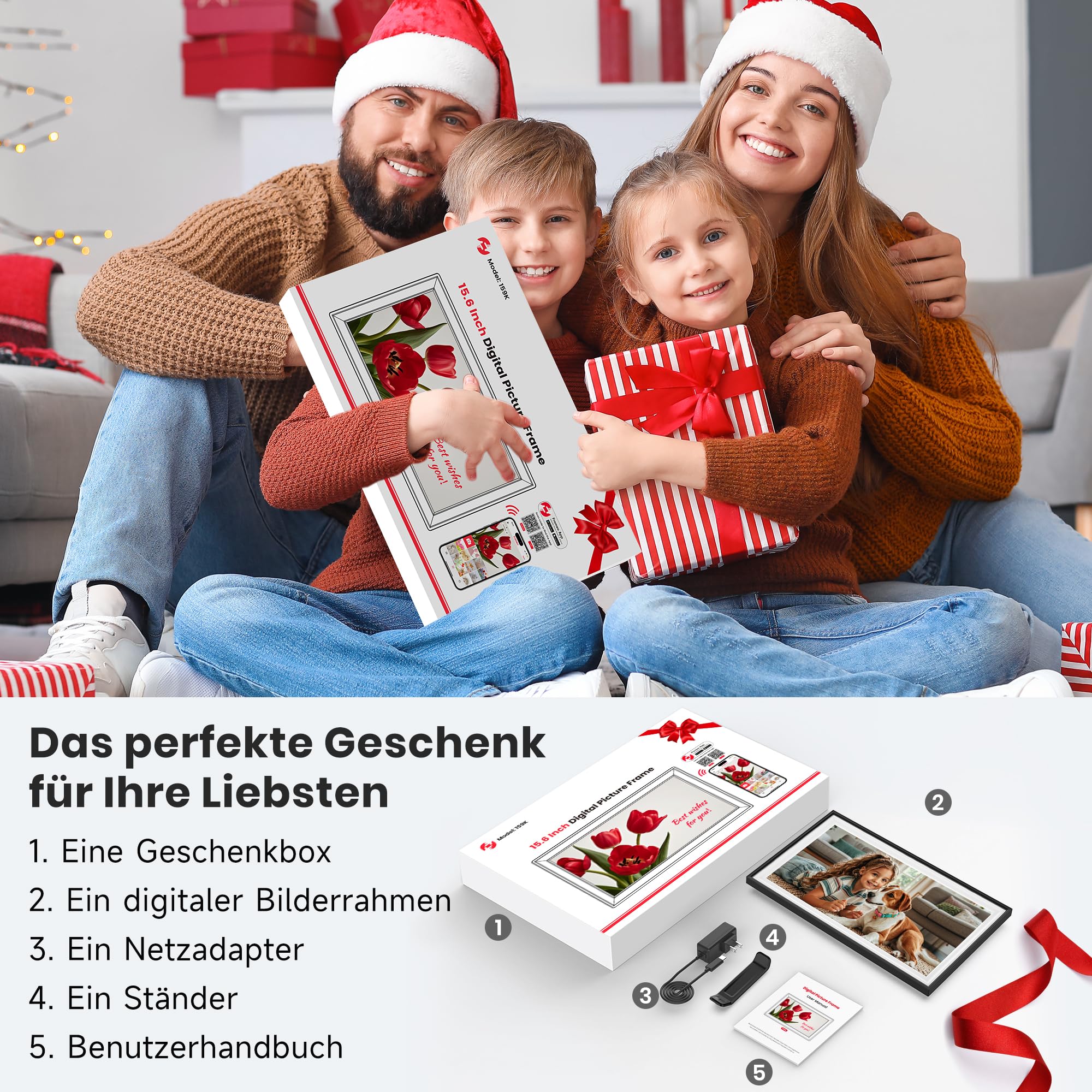 64GB FRAMEO 15,6 Zoll Digitaler Bilderrahmen -1920 * 1080P FHD IPS Touchscreen Digitale Bilderrahmen, Auto Rotation Elektronischer Fotorahmen, Teilen Sie Fotos/Videos Sofort