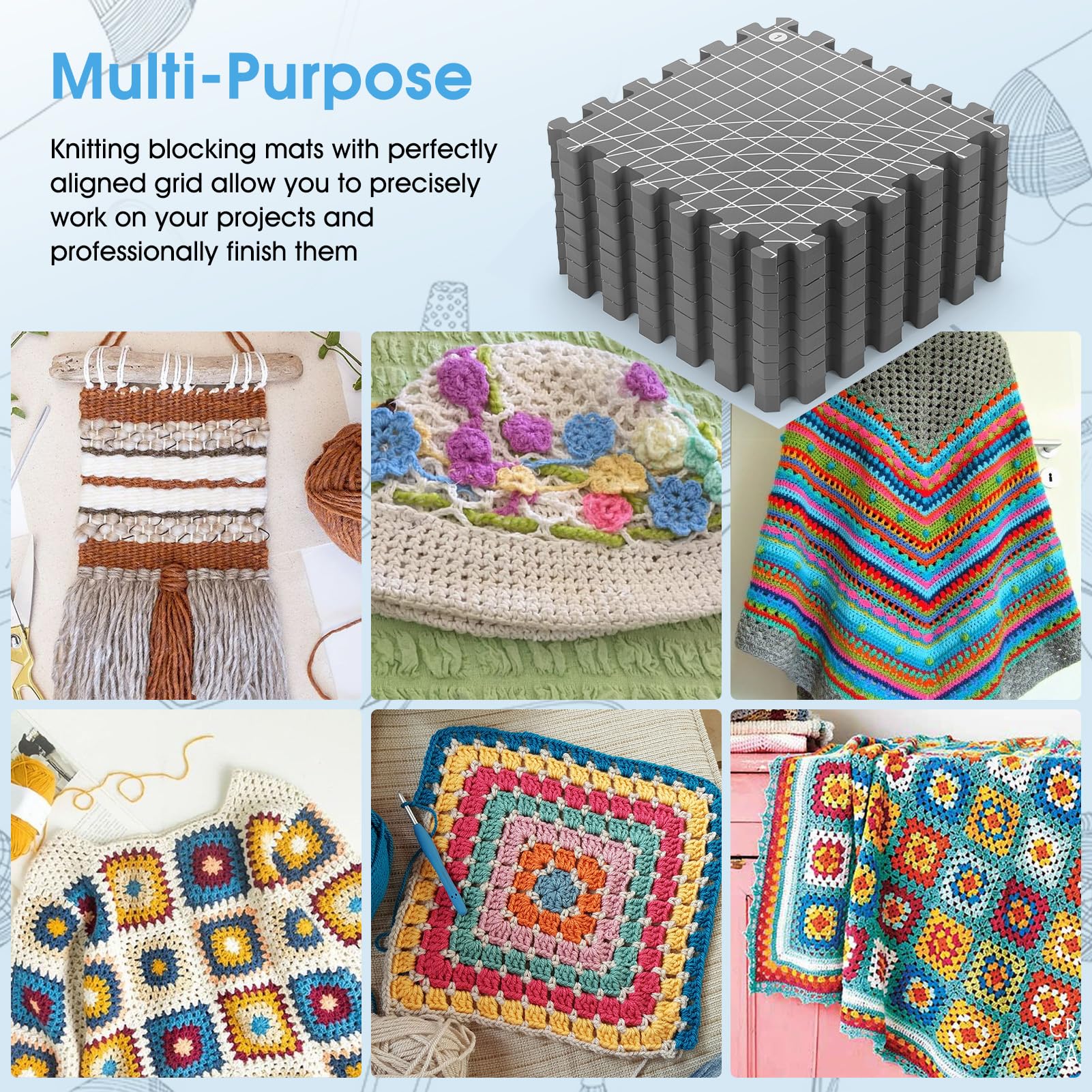 Tapis De Blocage Tricot 9 Pièces ,Tapis De Crochet Extra Épais, Tapis De Fond à Tension Profonde Avec Points De Grille, Pour l'Artisanat, Crochet,Les Projets De Feutrage à l'Aiguille (gris)