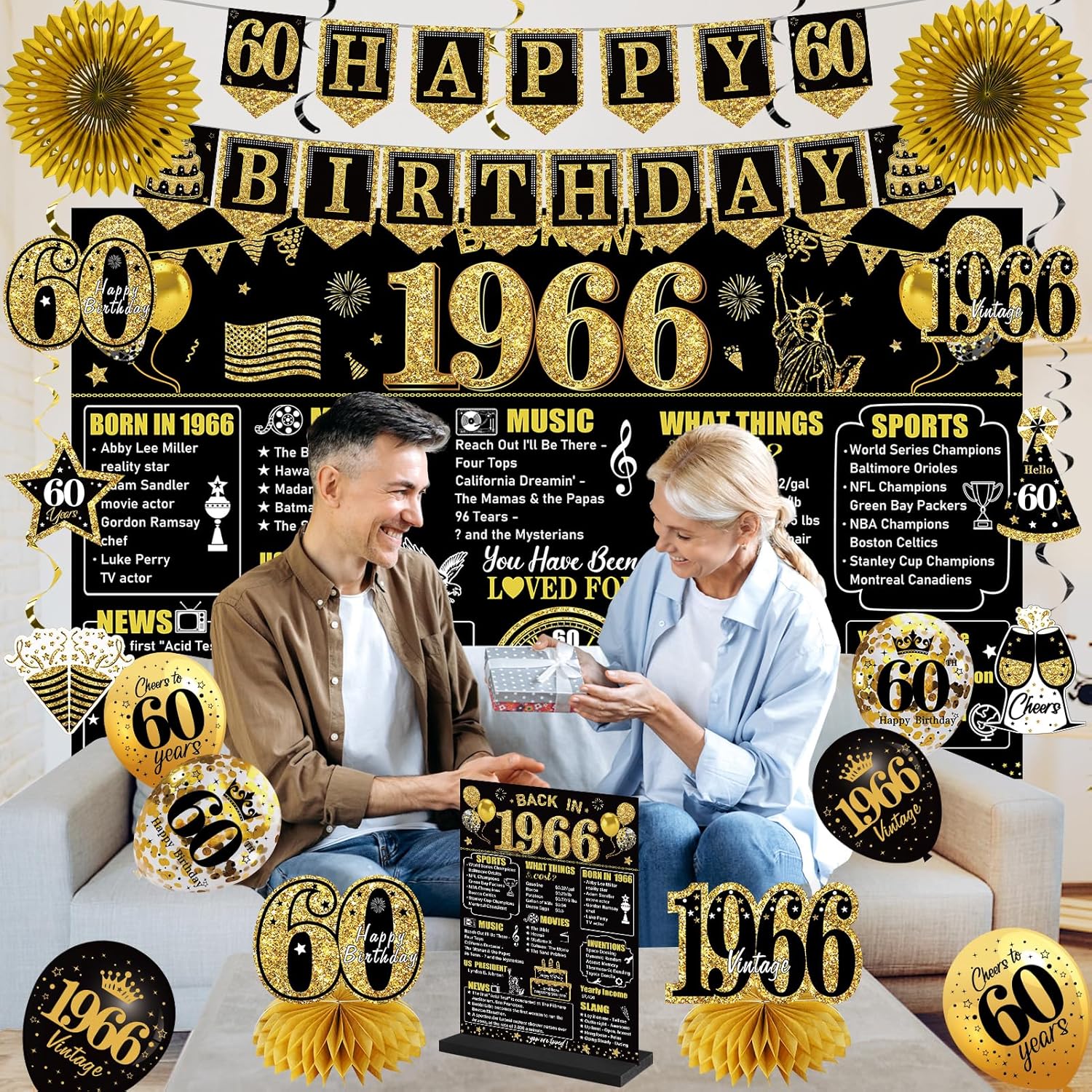 60th Birthday Decorations Kit for Men Women, Black Gold 24PCS Back in 1966 Banner Decorations, Vintage 1966 Banner Wooden Table Sign Poster Hanging Swirl Balloons Paper Fans Cheers to 60 years - Image 4