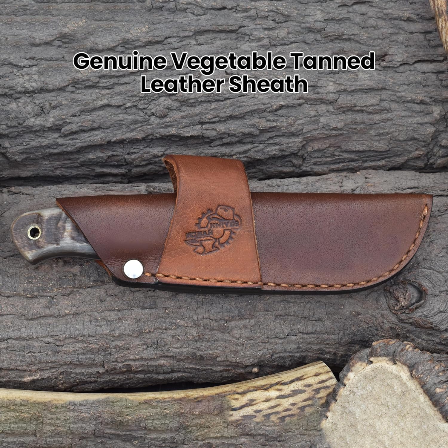 Knives Ranch Fixed Blade EDC – Damascus Steel Hunting Knife – Full Tang Ranch Knife – Ram’s Horn Handle – Cowboy Style Horizontal Carry Sheath (2111-RH)