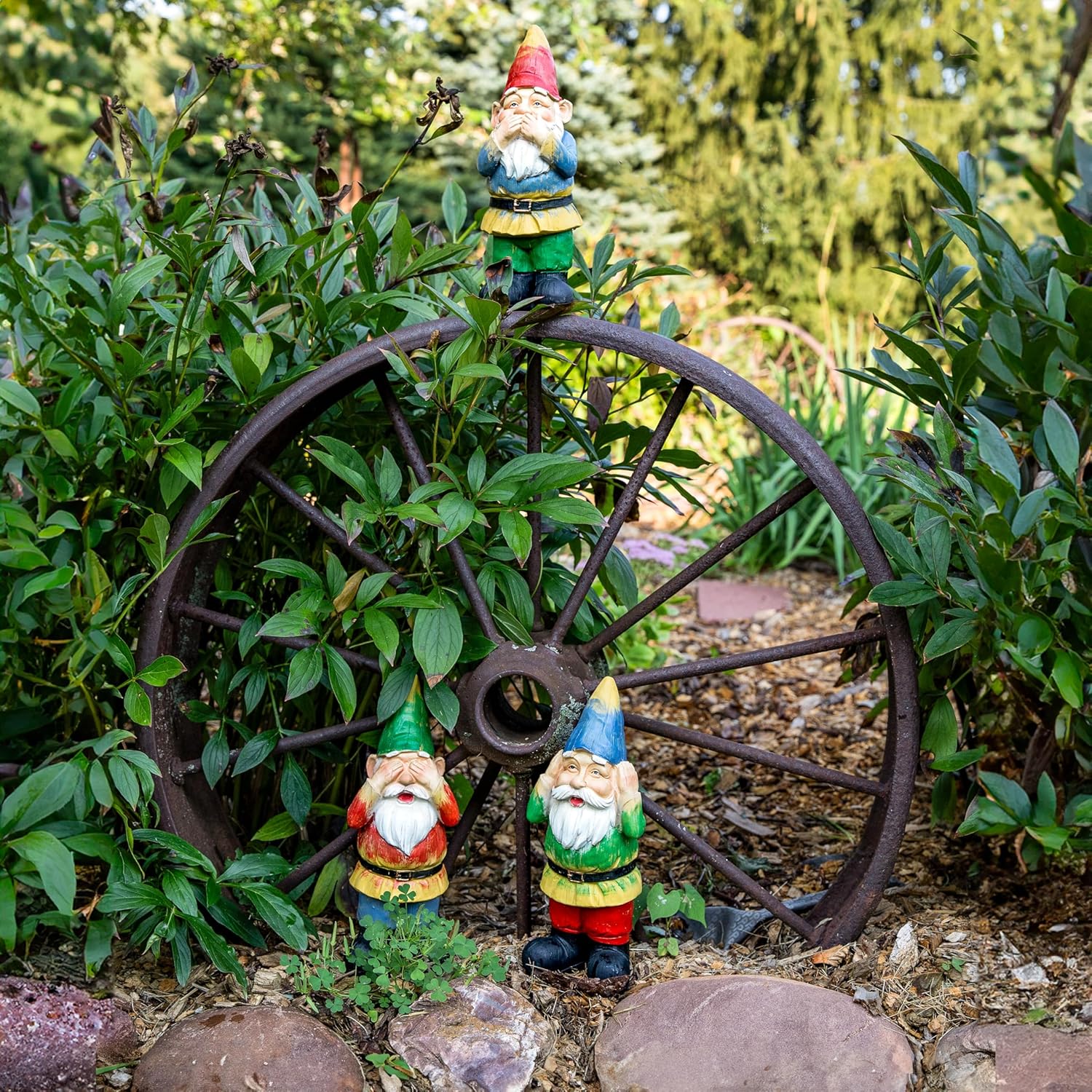 Sunnydaze Three Wise Garden Gnomes - Hear, Speak, and See No Evil Set - Outdoor Lawn Statues
