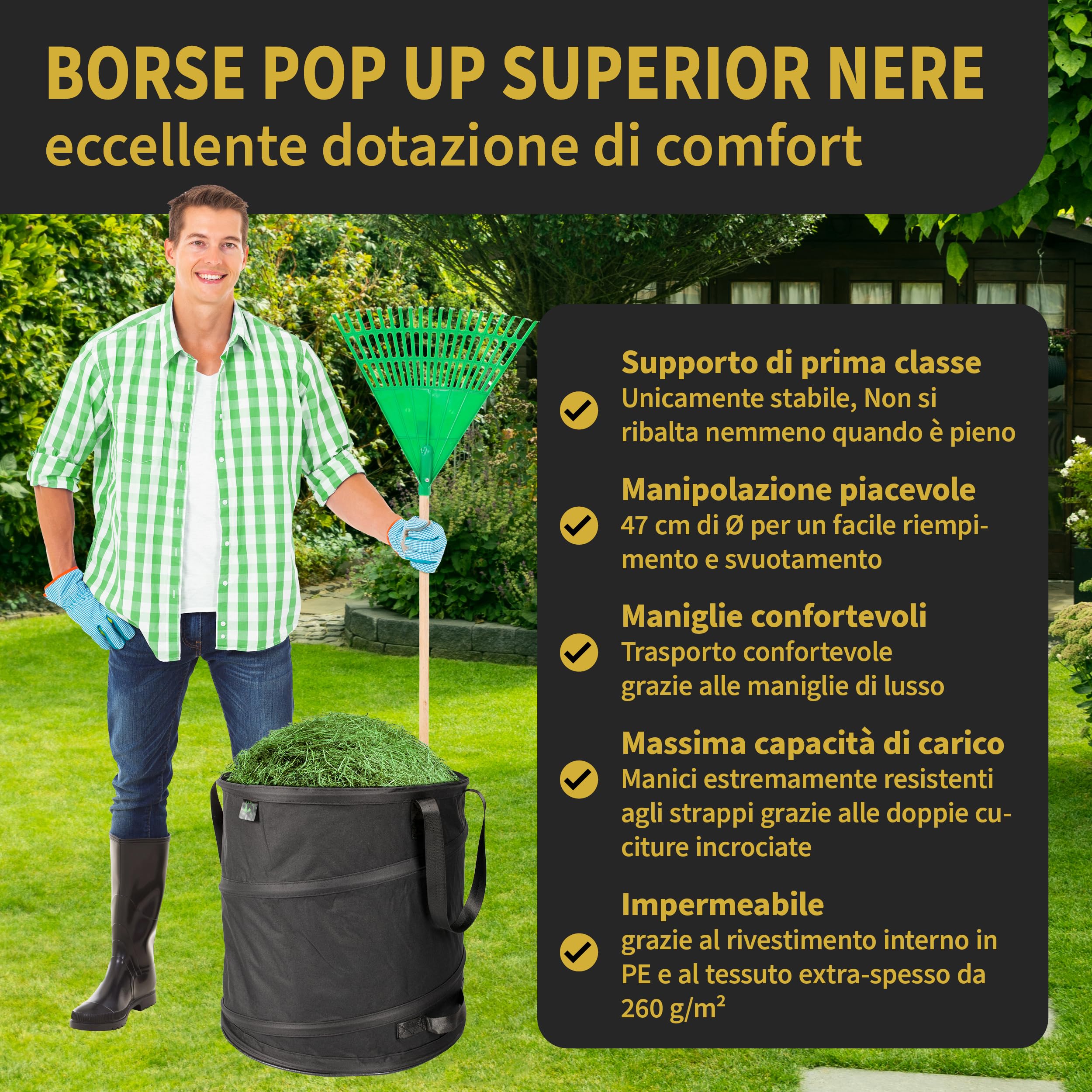 TTL Garden Black SUPERIOR 3 X 85L Pop Up Sacco da giardino – Doppio fondo 260 gsm extra stabile 600D Oxford 600D Set di 3 sacchi per rifiuti da giardino pieghevole taglio verde