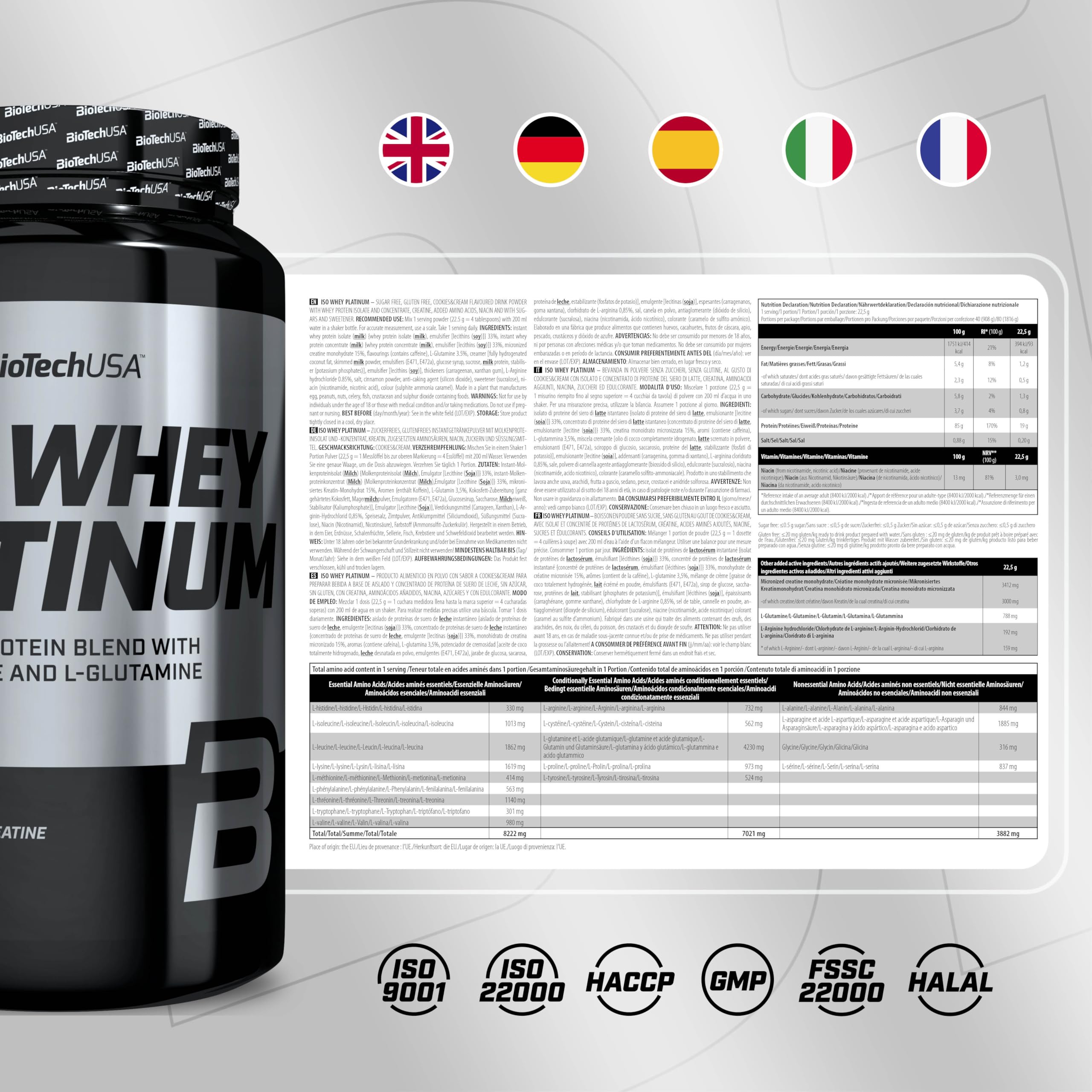BioTechUSA Iso Whey Platinum | Poudre de protéines de lactosérum isolées et concentrées | 3 g de créatine par portion | Avec zinc et vitamine B3 | 1816 g, Cookies & Cream