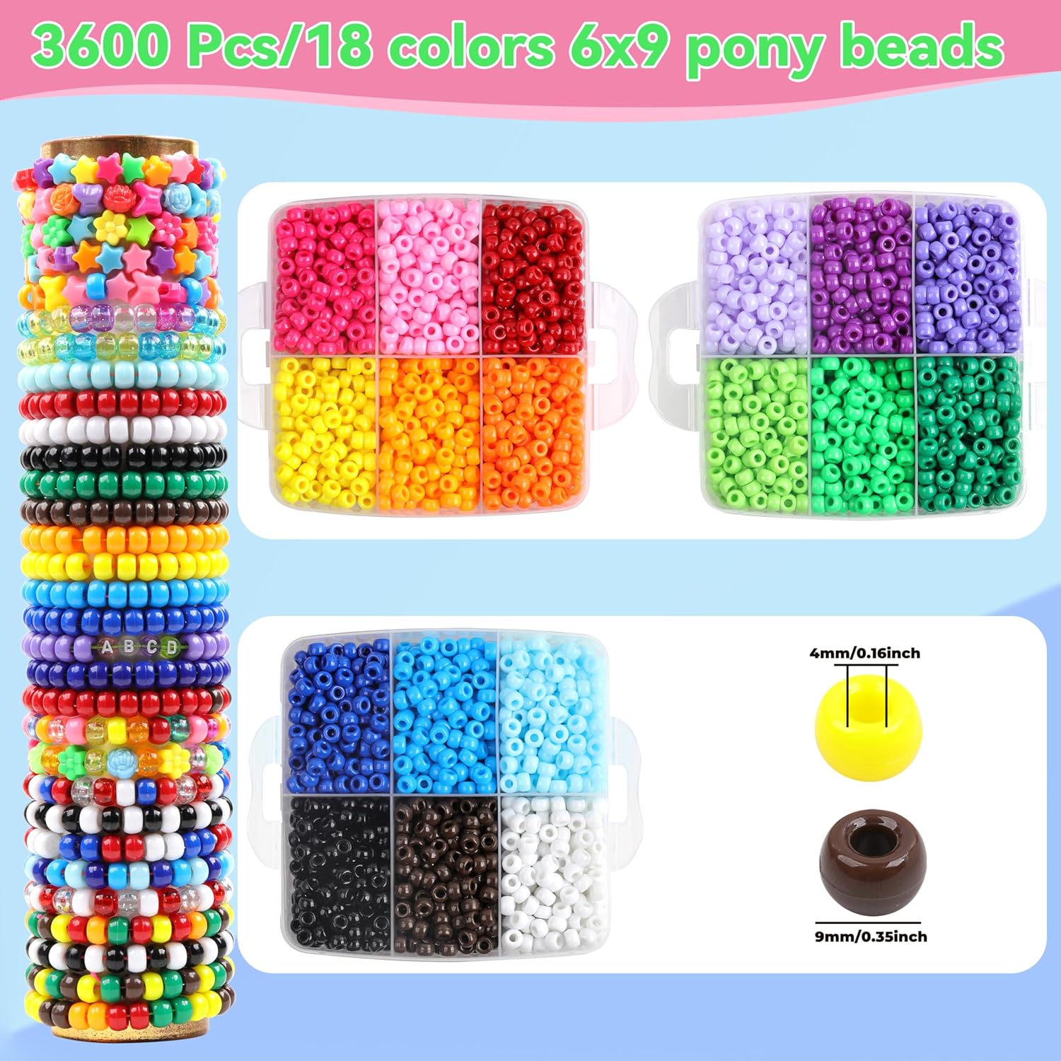 Pony Beads for Bracelets 3600 Pcs Plastic Beads for Friendship Bracelets Necklace 6x9mm 18 Solid Colors