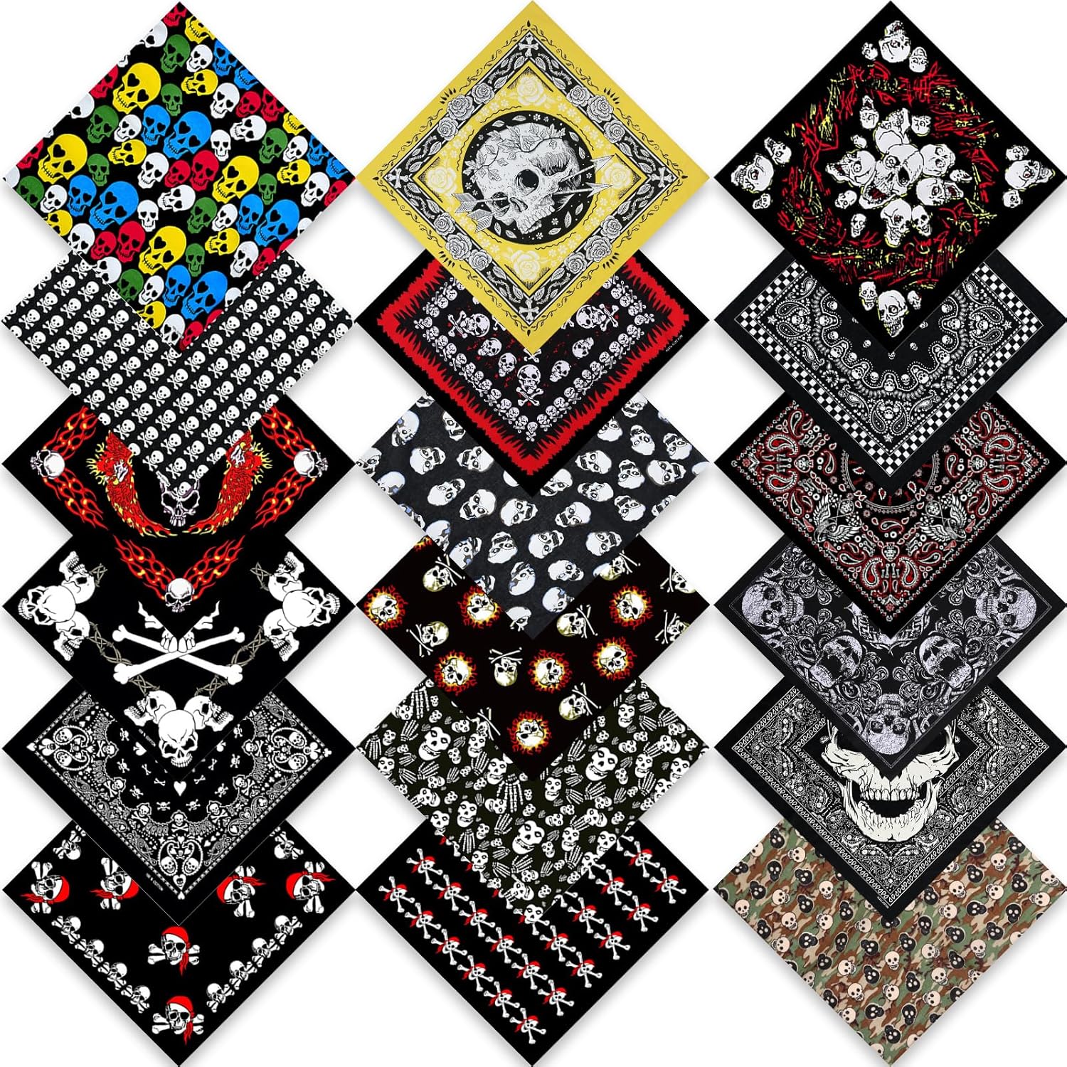 18 Pack Skull Bandanas for Men Women, 100% Cotton Pirate Head Scarf, 22x22 Inch Large Black Skeleton Handkerchiefs Bulk, Novelty Halloween Costume Party Favors, Breathable Biker Motorcycle Face Mask