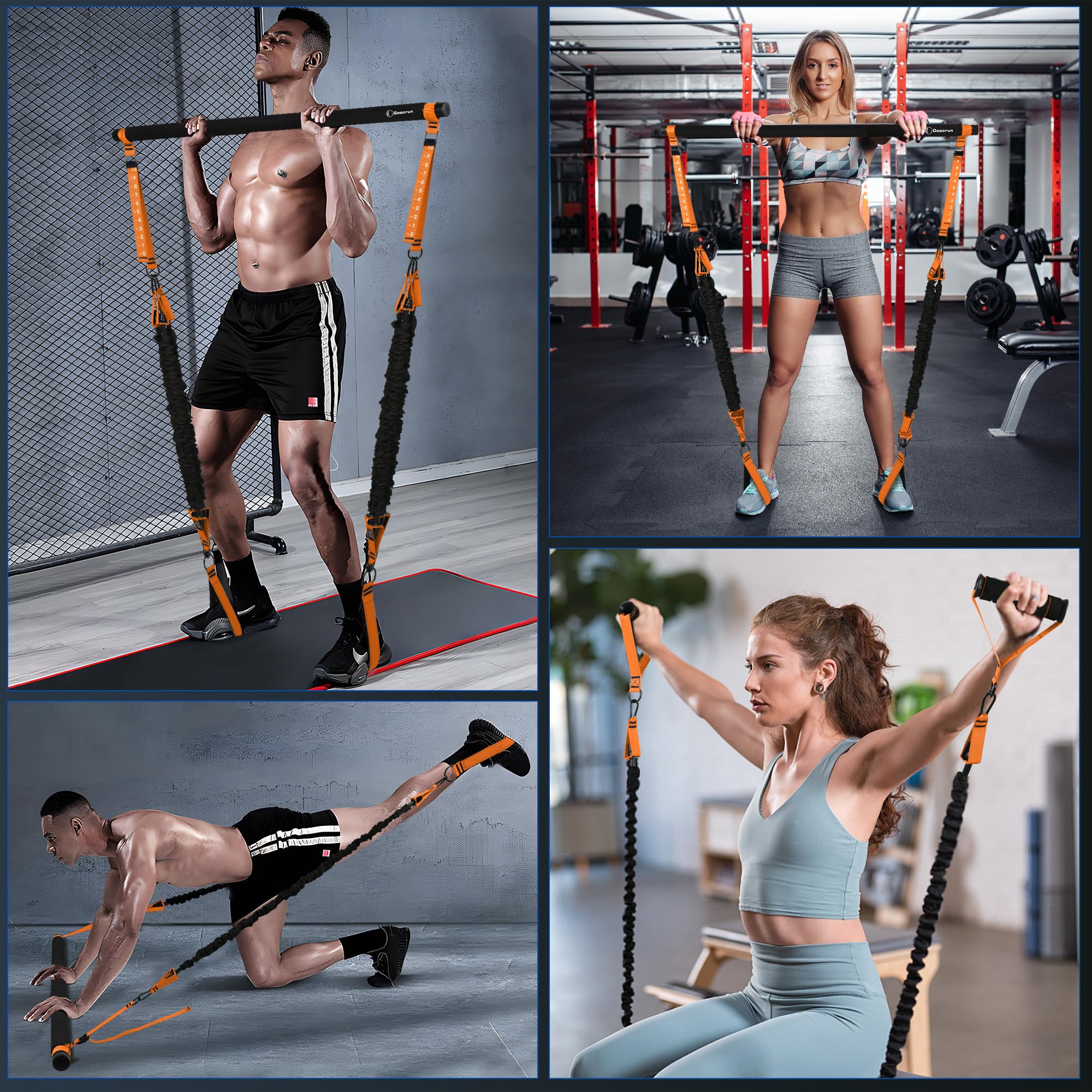 Przenośny drążek do pilatesu i pasek oporowy z uchwytami, zawiera kotwice do drzwi, pasek na kostkę i paski przedłużające - z plakatami fitness i filmami