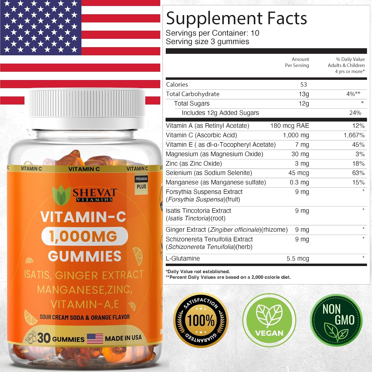 Vitamin C Gummies 1000mg – Antioxidant & Immune Support with Zinc, Ginger, Isatis & Manganese – Vitamin A & E – Sour Cream Soda & Orange Flavor – 30 Gummies, Made in USA - Image 2