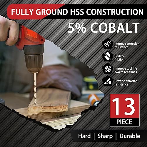 Miniatura 7 de Juego de 13 brocas de cobalto, M35 HSS, SAE (116 - 14 pulgadas), punta de 135, kit de brocas de longitud de giro para metal endurecido, acero